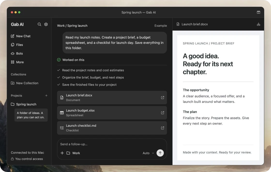 Espacio de trabajo de Gab AI para Mac de la página de producción, con una conversación de lanzamiento de primavera, archivos de proyecto y una vista previa de documento.
