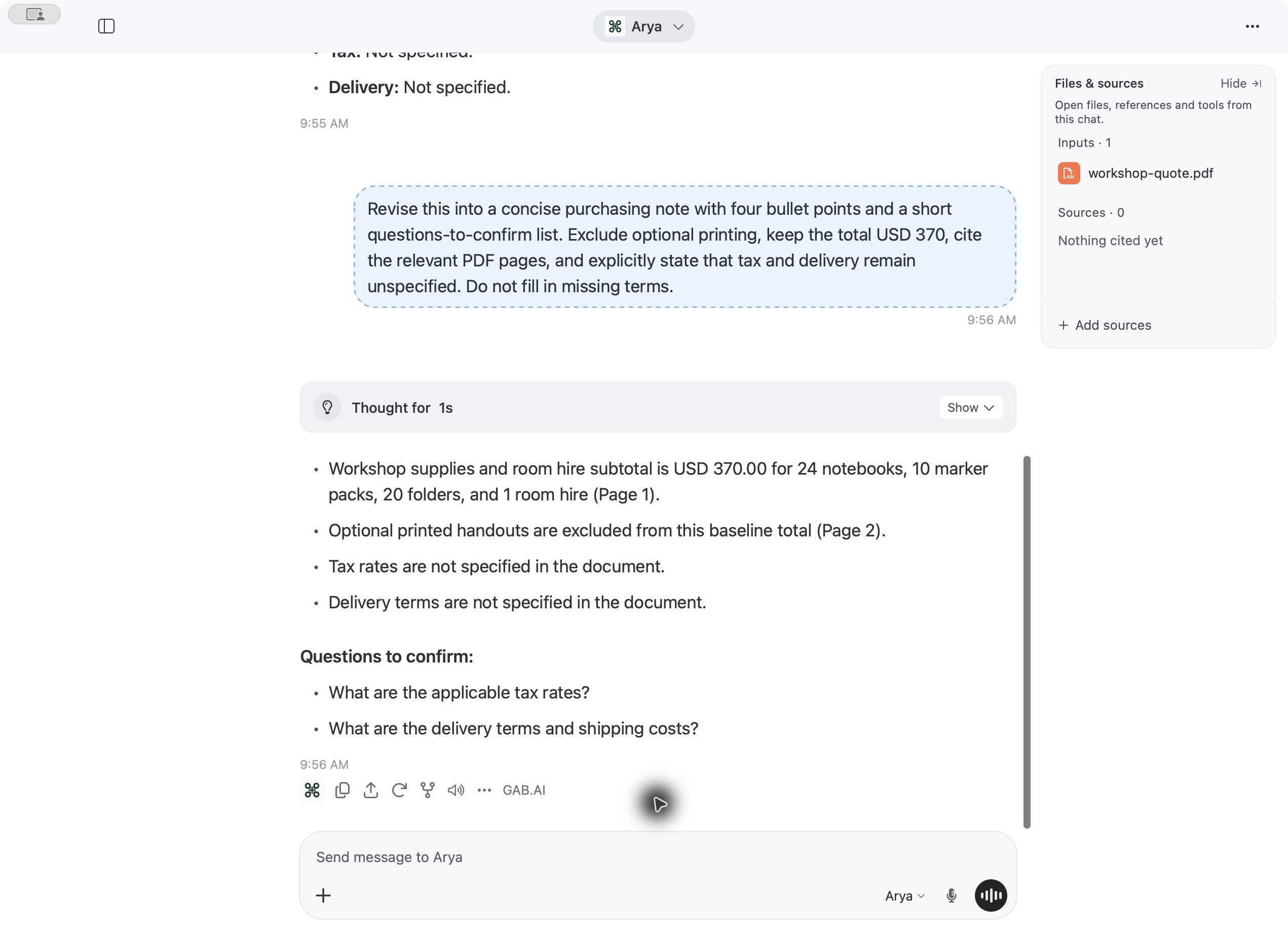 Gab AI Arya purchasing note for a workshop quote: USD 370, printing excluded, tax and delivery unspecified.