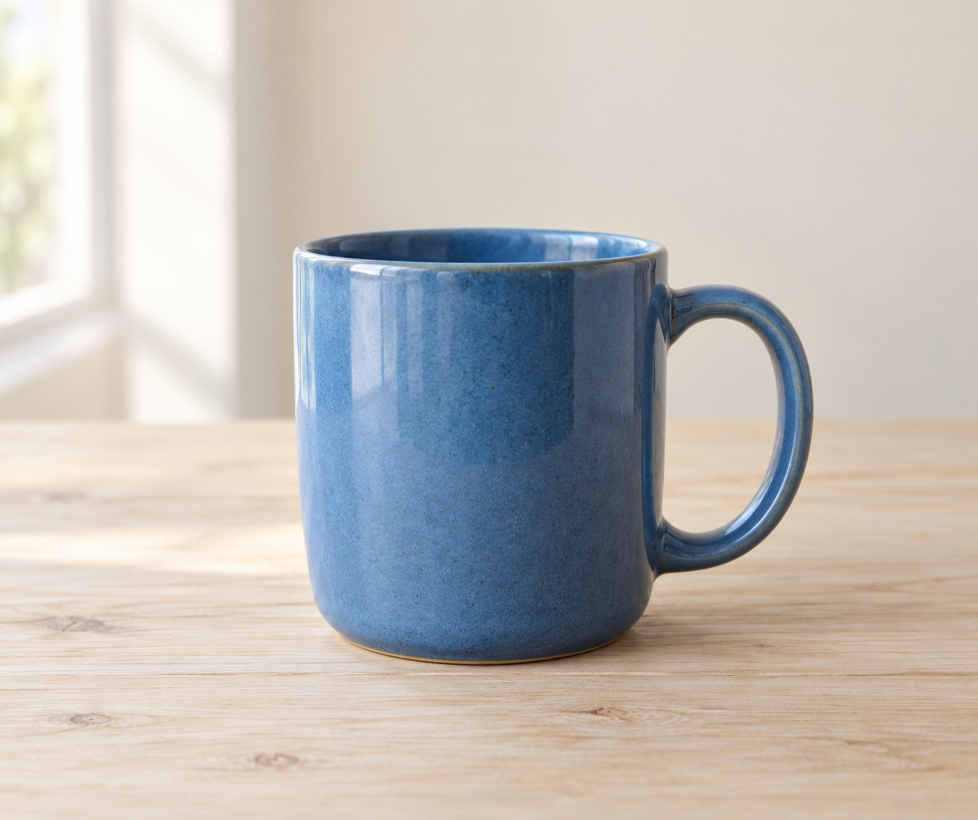AI-generated blue ceramic mug on a pale wooden table, with the full handle visible.