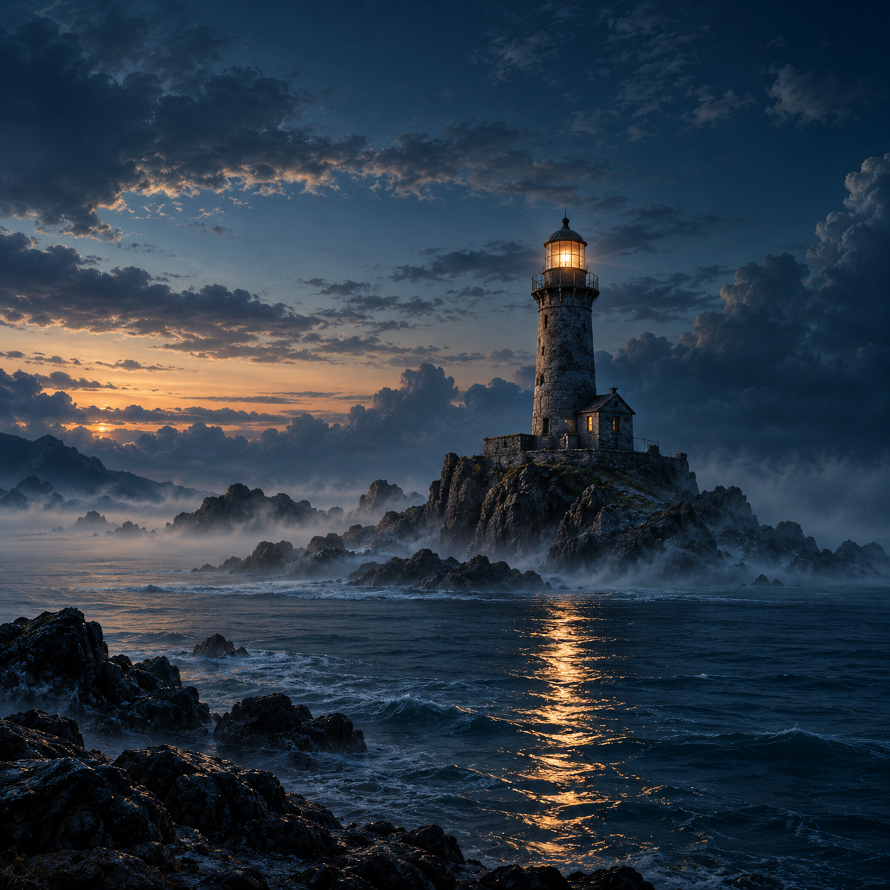 Lighthouse cover artwork above a blue-hour sea.
