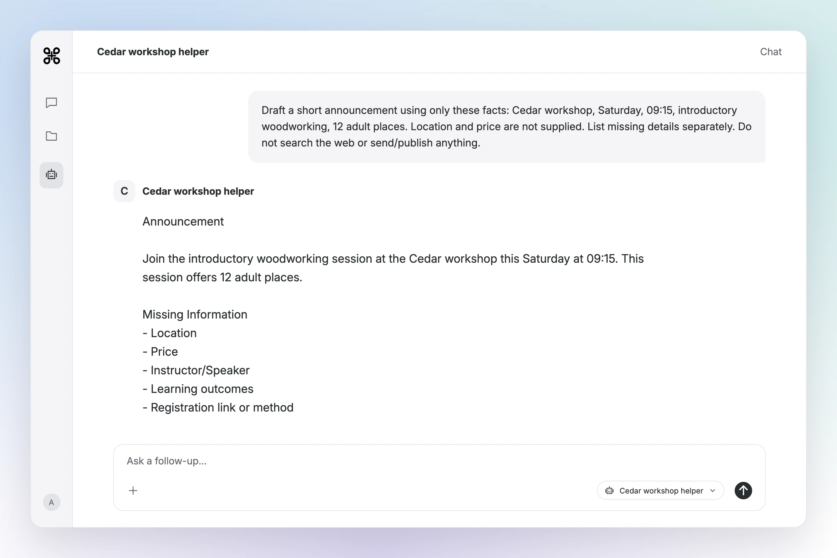 Gab AI Chat with Cedar workshop helper selected. Its announcement keeps Saturday at 09:15 and 12 adult places and lists missing information separately.