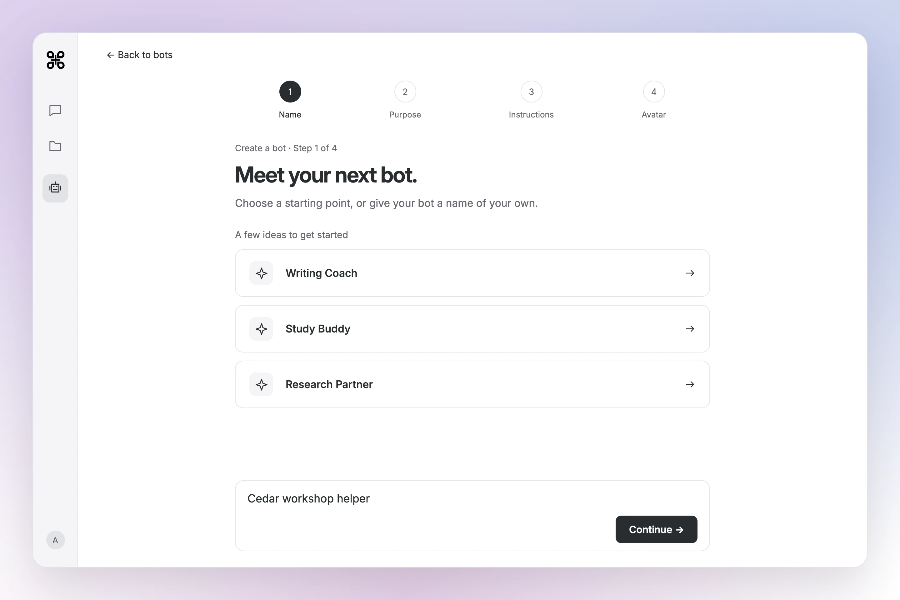 Gab AI bot setup with Name, Purpose, Instructions and Avatar steps, a name field containing Cedar workshop helper and Continue.