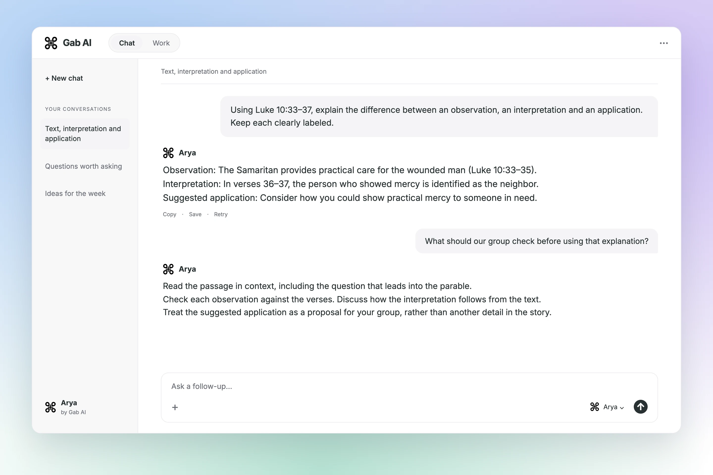 Arya conversation: Text, interpretation and application. prompt, answer and follow-up; 