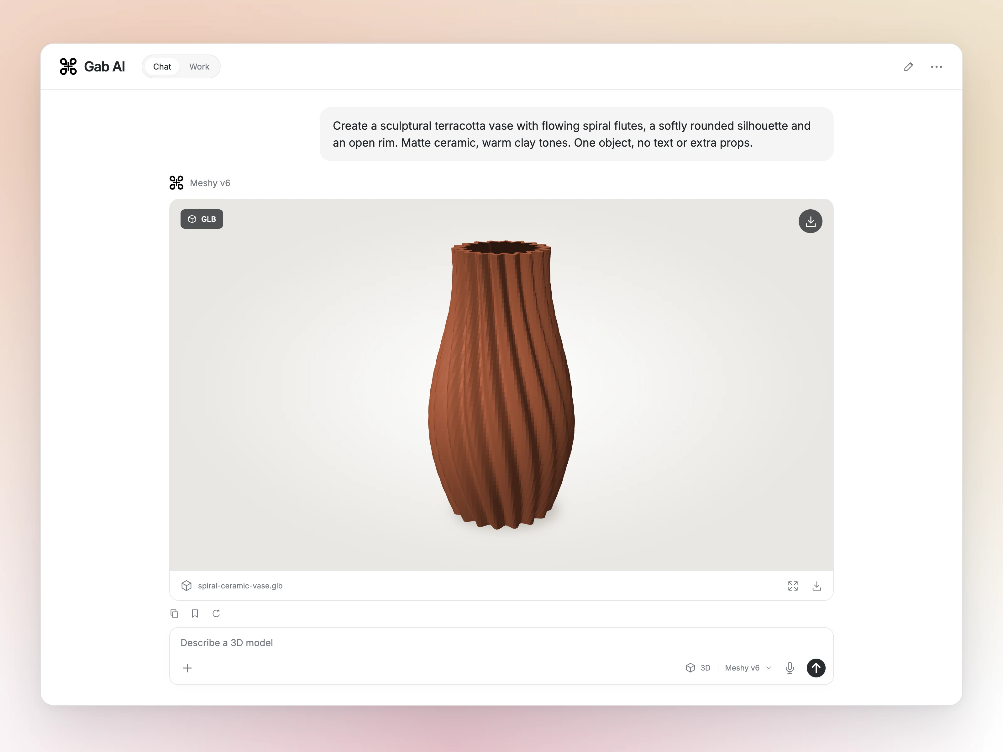Gab AI 3D generation conversation with a terracotta spiral vase, GLB badge and download control. The object is in code, not a recorded Meshy output.