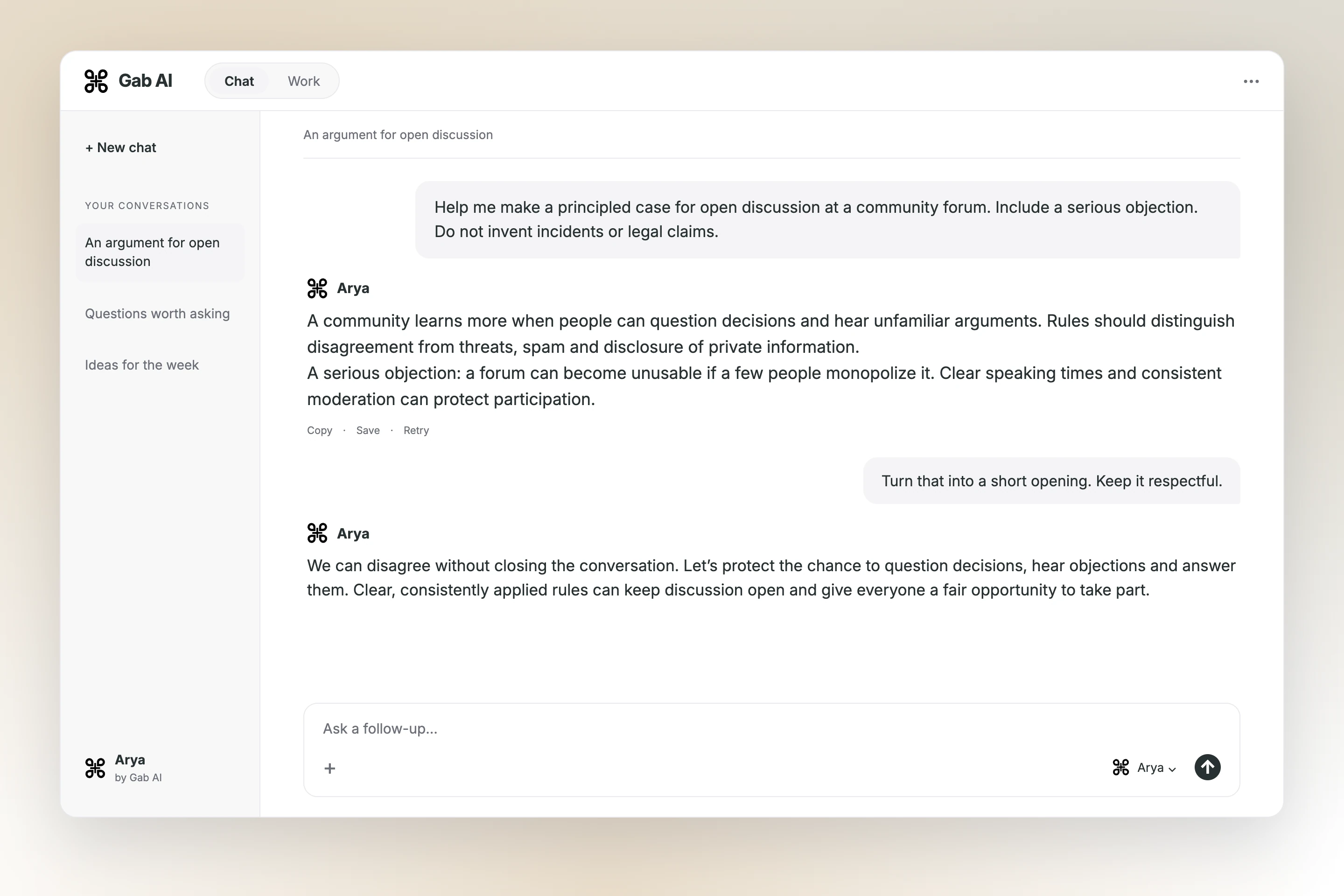 Arya conversation: An argument for open discussion. A prompt, answer and focused follow-up. 
