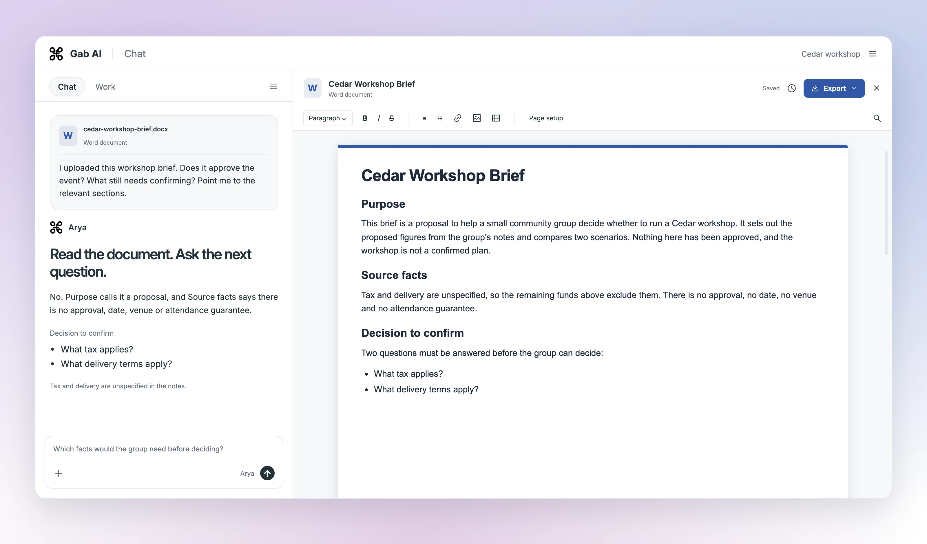 Gab AI Chat with an uploaded cedar-workshop-brief.docx beside the document editor. The answer points to Purpose, Source facts and the two separate tax and delivery questions, explaining that the event remains a proposal.