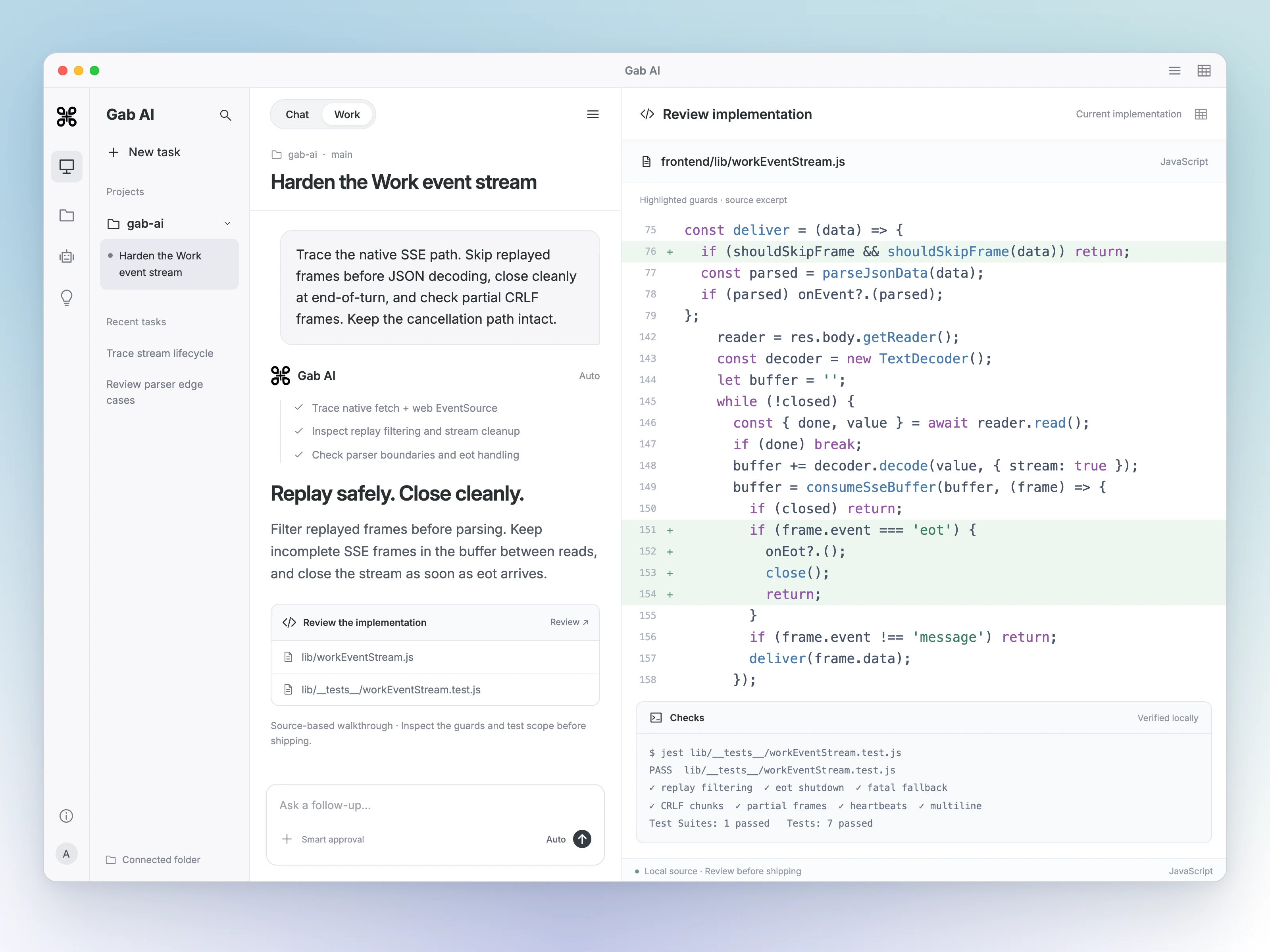 Gab AI desktop Work workspace with project files, an event-stream code review and test results.