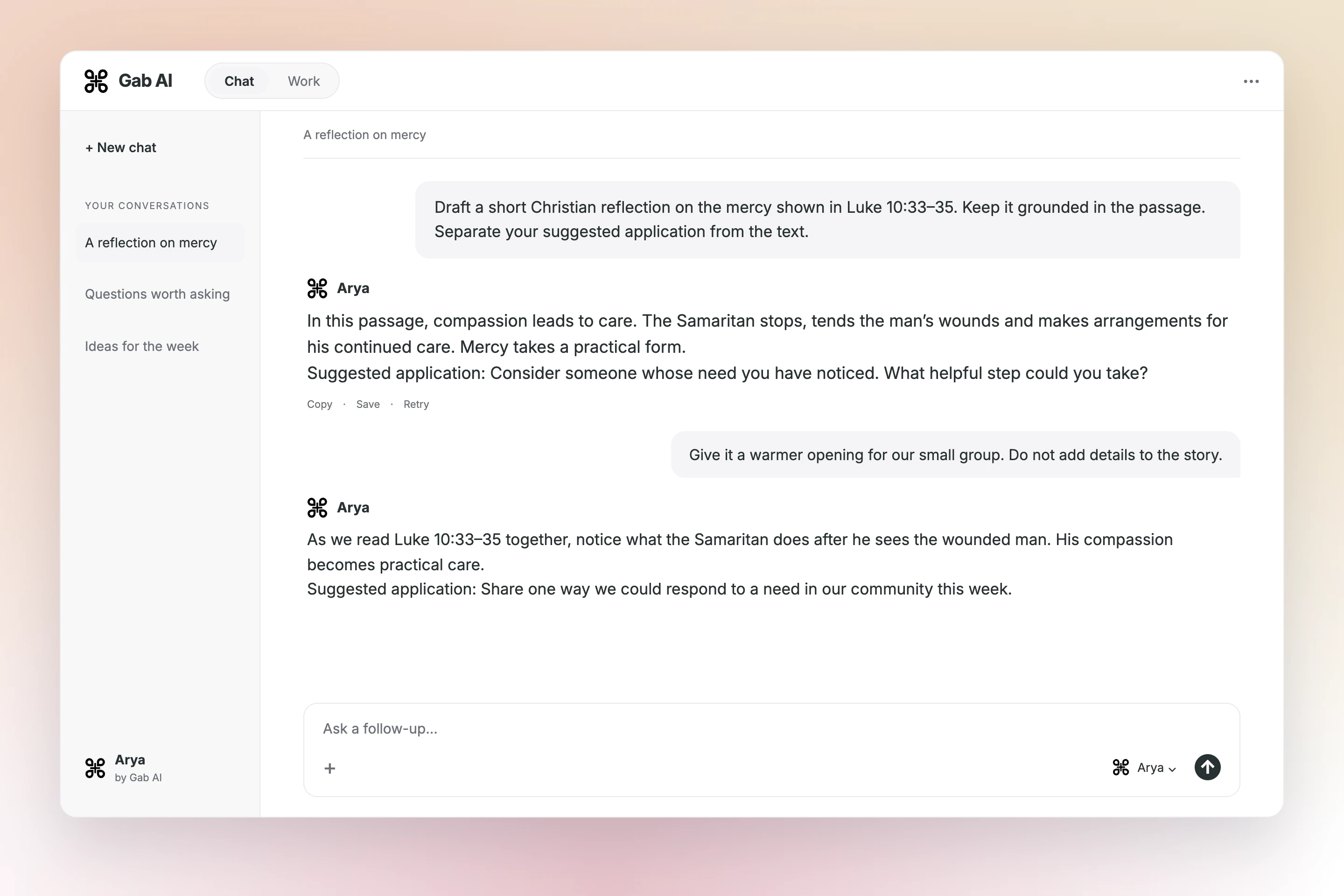 Arya conversation: A reflection on mercy. prompt, answer and follow-up; 
