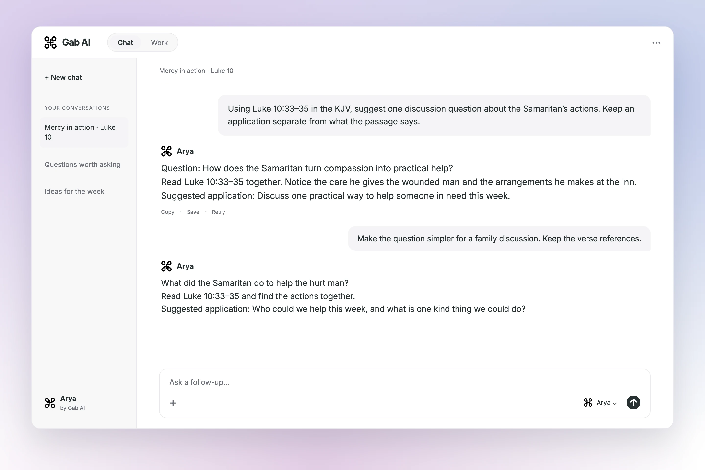 Arya conversation: Mercy in action · Luke 10. prompt, answer and follow-up; 