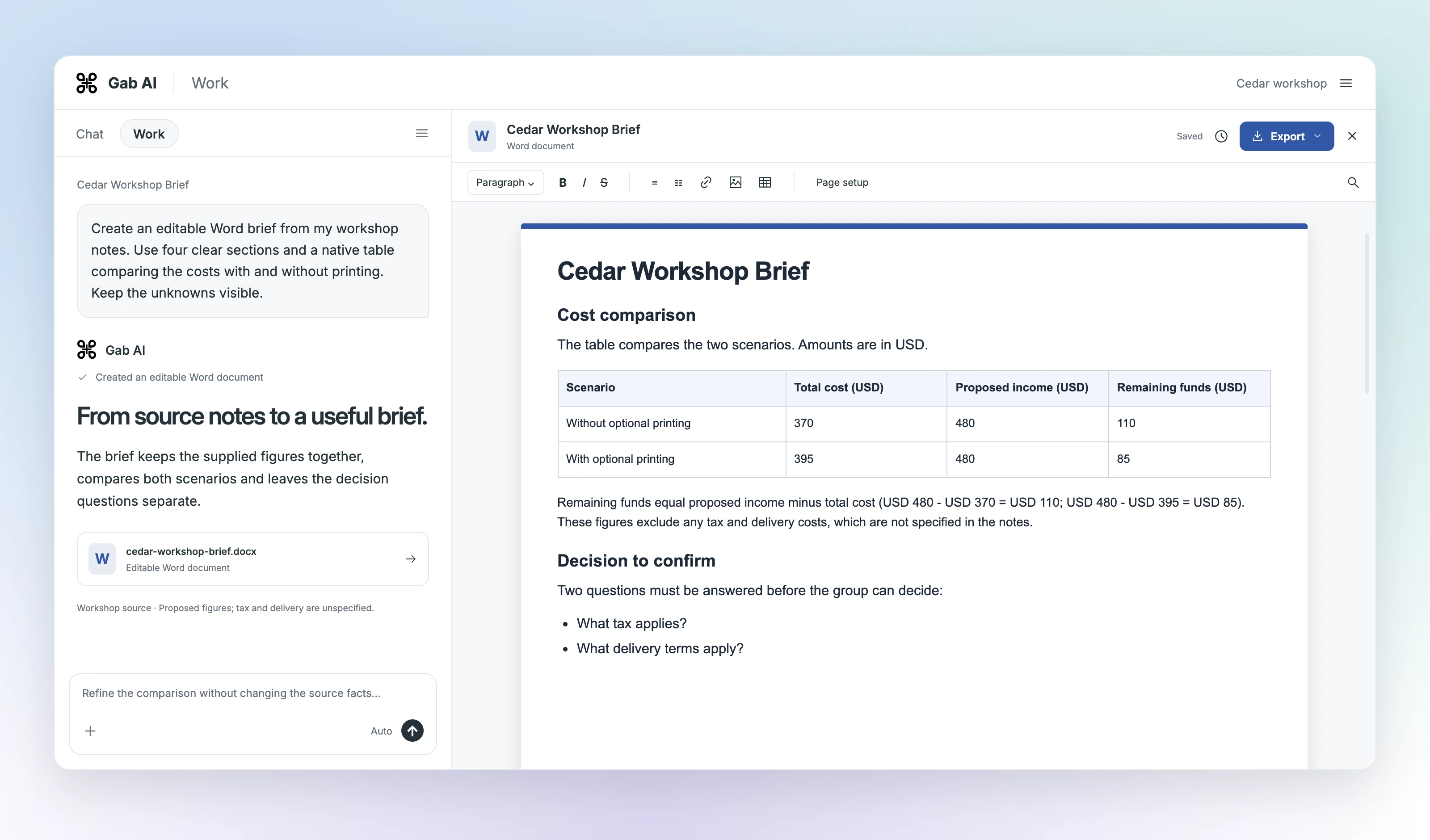 Gab AI Work beside the document editor. Recorded Cedar brief excerpts include an editable table comparing costs with and without printing and separate tax and delivery questions.