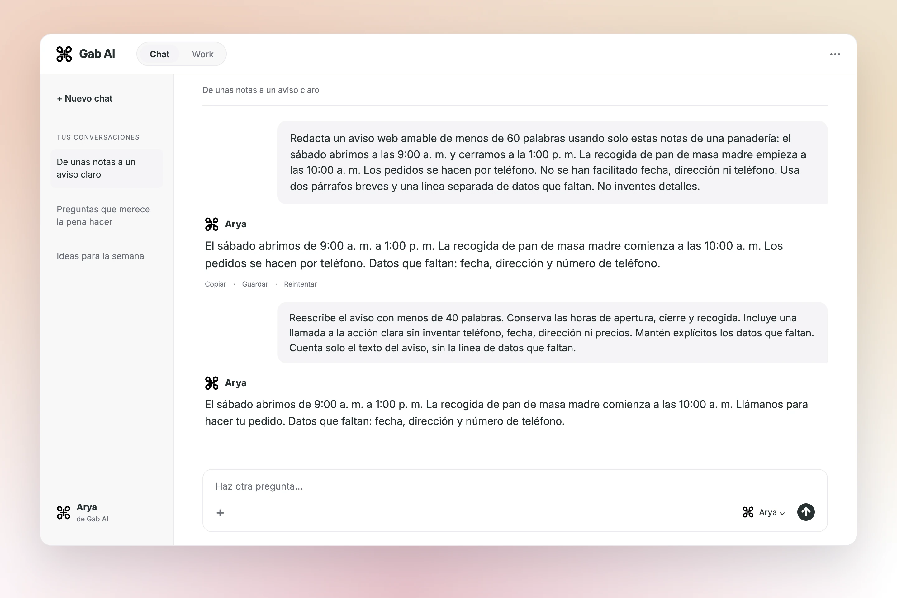 Chat de Gab AI que muestra el prompt de la panadería, la primera respuesta, el seguimiento concreto y la respuesta revisada.