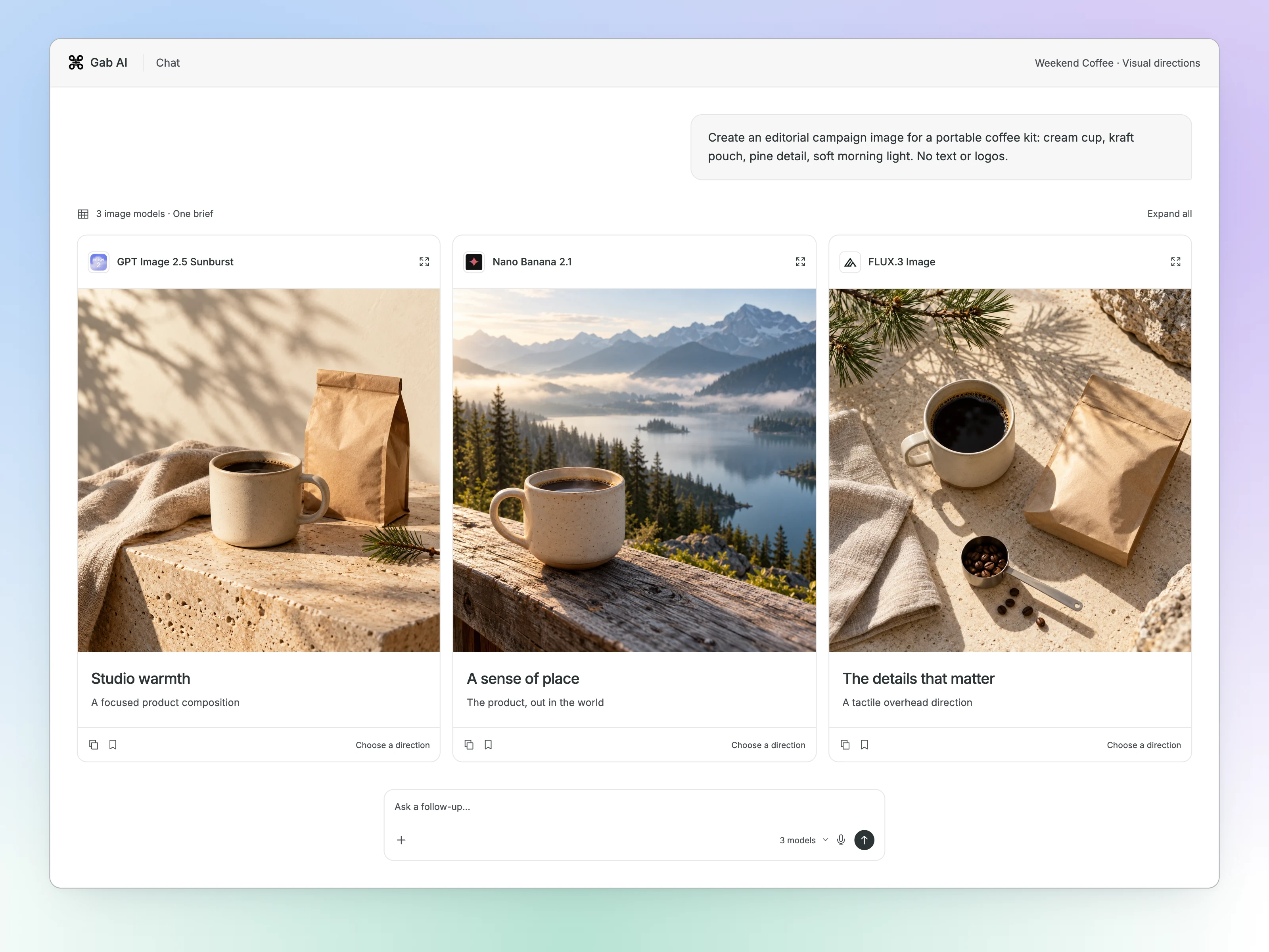 Gab AI Chat Compare concept: one image brief above three model-labeled image responses, with a single follow-up composer below.