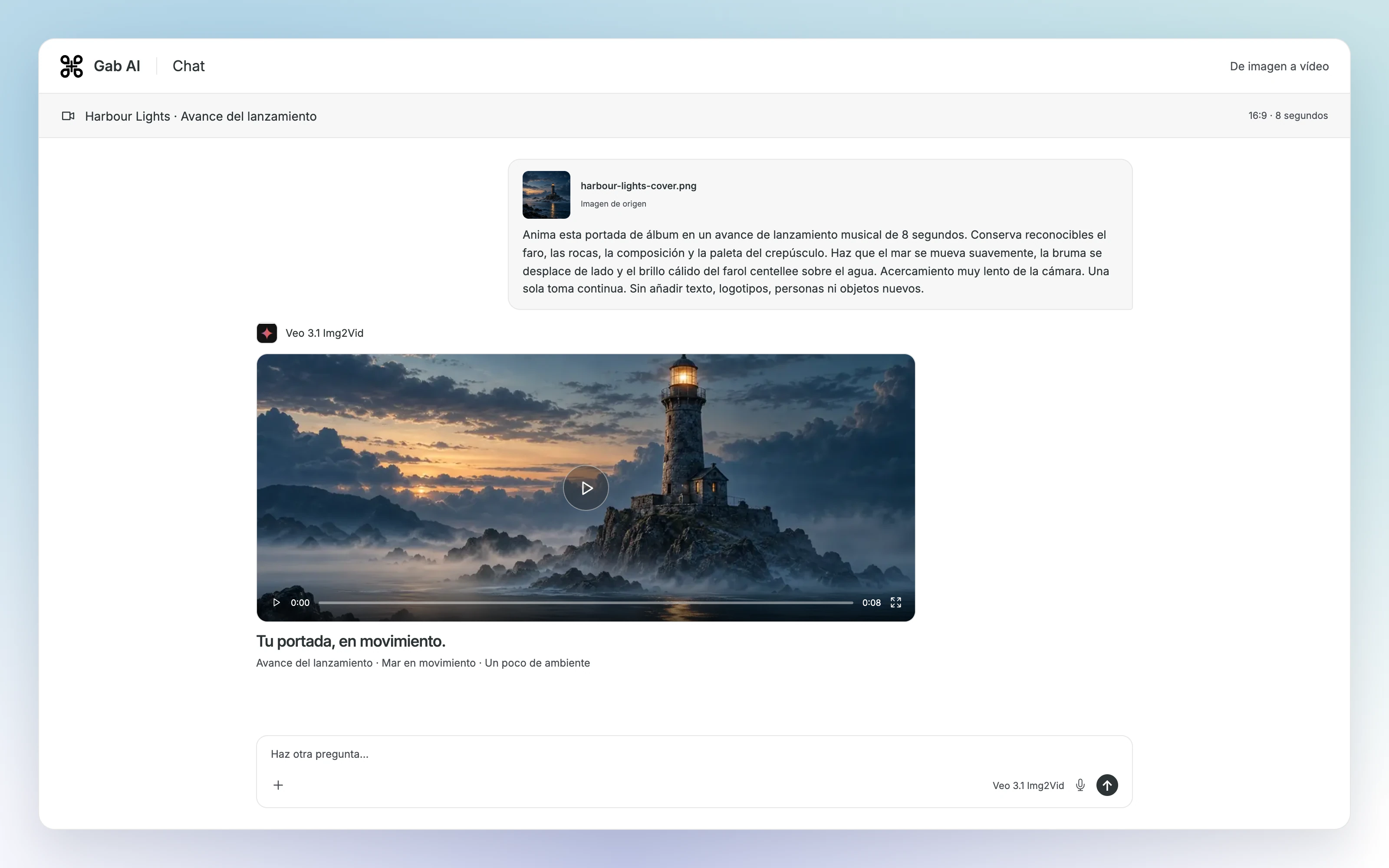 Escena de Chat de Gab AI de imagen a vídeo con el prompt original y un fotograma del vídeo generado a partir de la portada.