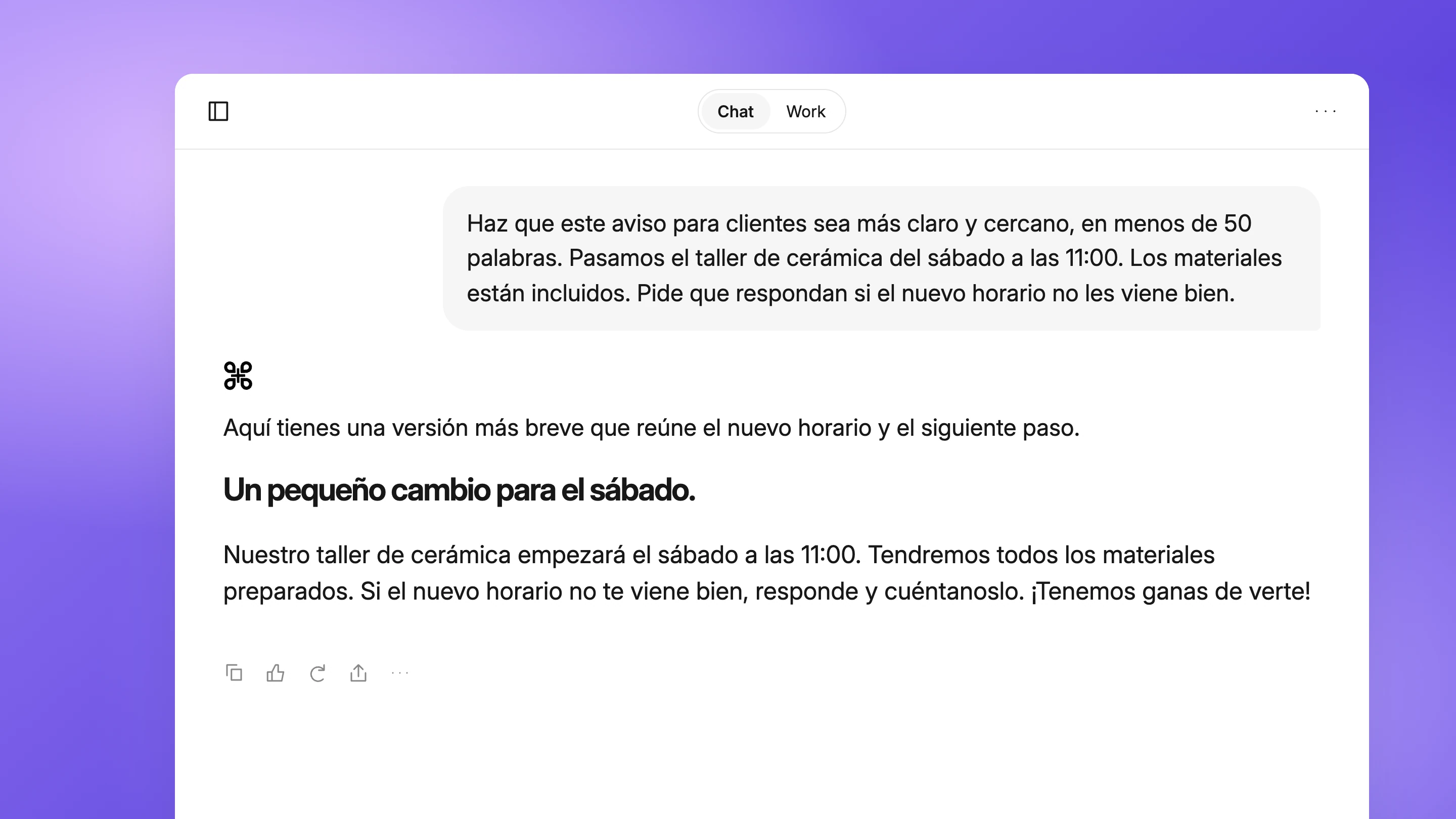 Una conversación de Gab AI mejora un aviso sobre un taller de cerámica, conservando el sábado a las 11:00, los materiales incluidos y la petición de responder si el nuevo horario no encaja.