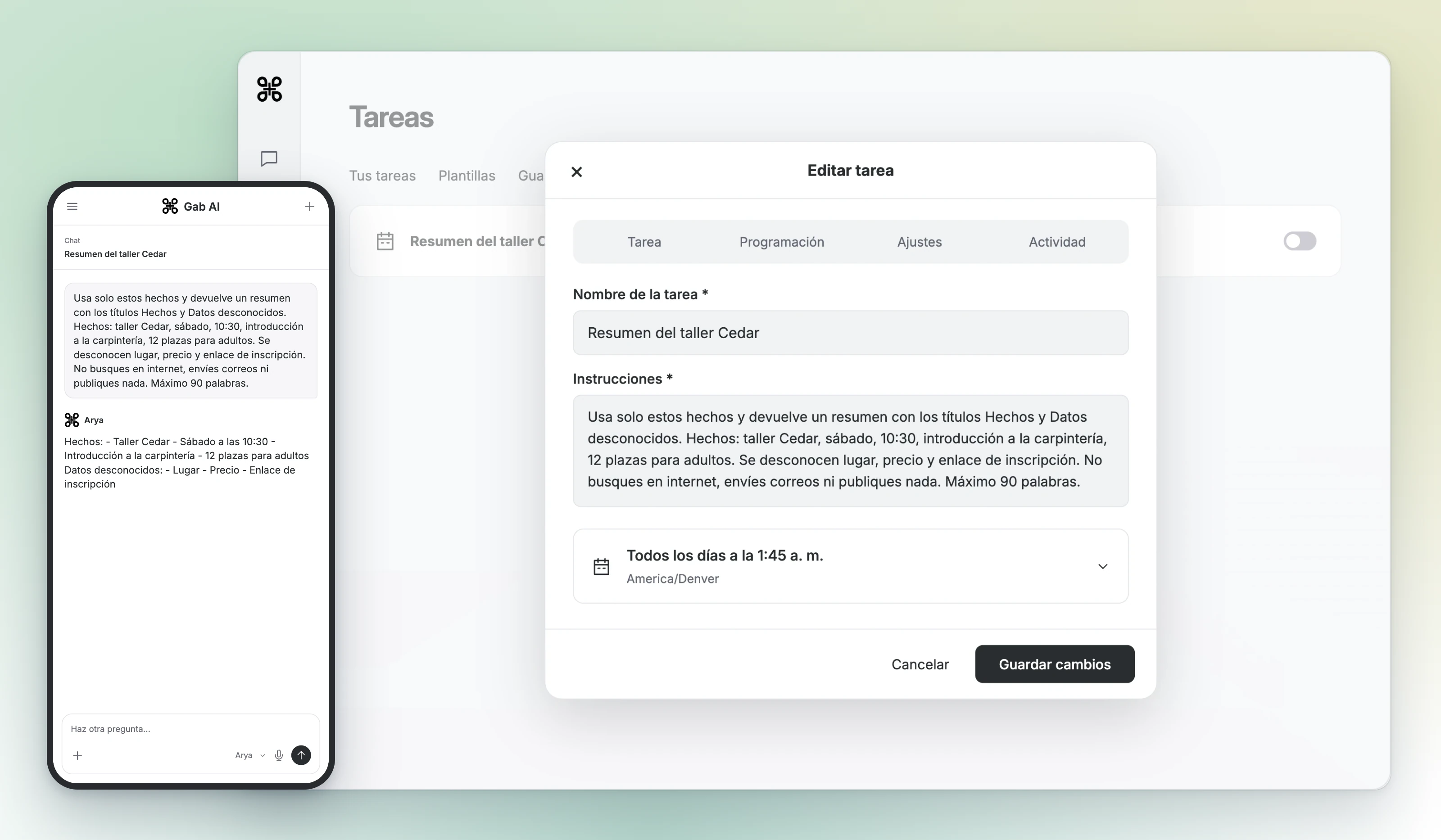 El editor de Tareas en el ordenador cambia la hora del taller a las 10:30 mientras la programación diaria está pausada; un teléfono muestra el resultado correspondiente de Ejecutar ahora y conserva como desconocidos el lugar, el precio y el enlace de inscripción.
