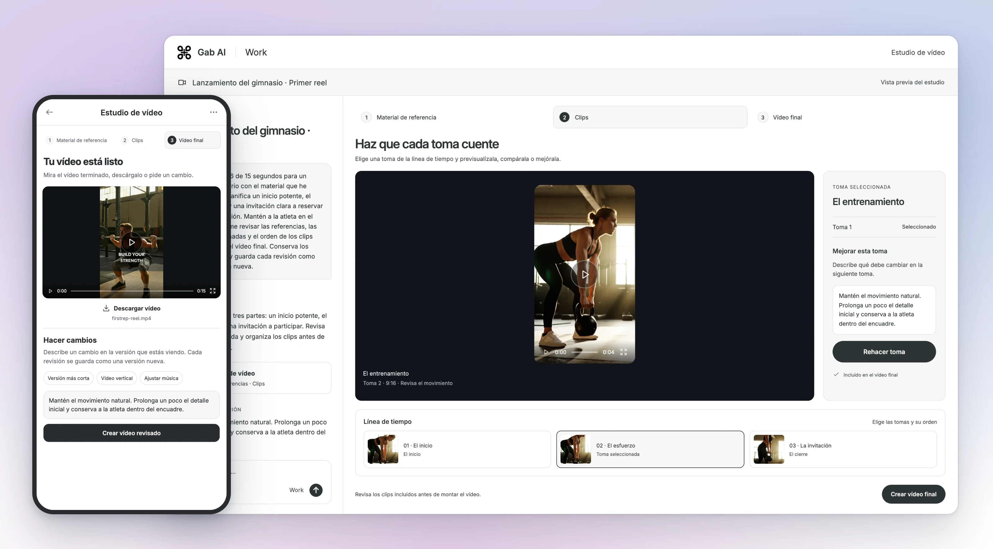 El Estudio de vídeo de Gab AI Work muestra la vista previa y la línea de tiempo en escritorio junto a la vista del Reel First Rep terminado en el teléfono.
