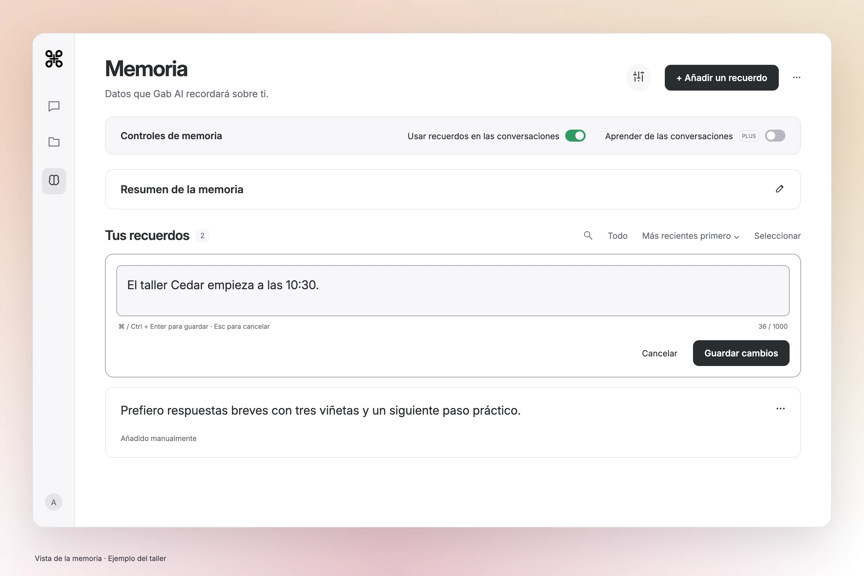 Los controles de memoria de Gab AI editan la hora del taller Cedar a las 10:30, con contador de caracteres, Cancelar y Guardar cambios.