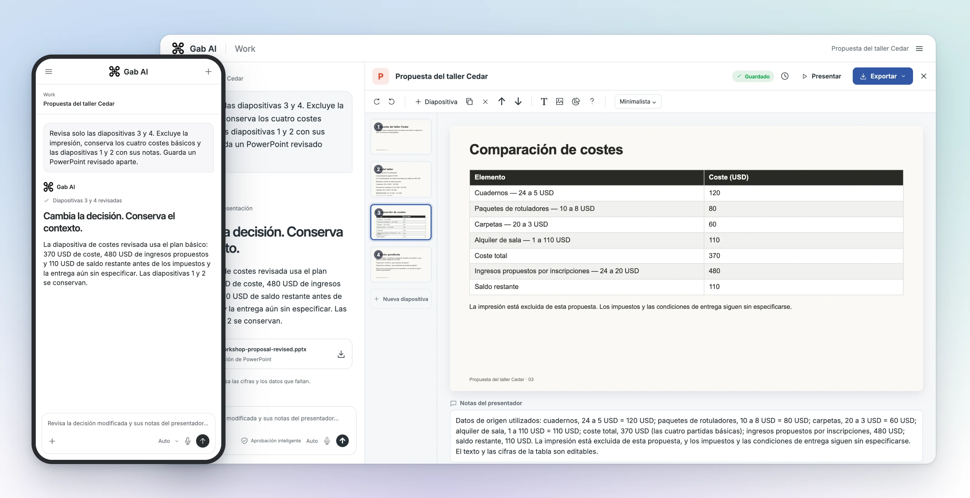 Una revisión de Gab AI Work en un teléfono junto al editor de presentaciones en el ordenador, donde siguen visibles la diapositiva de costes revisada y las notas del presentador.