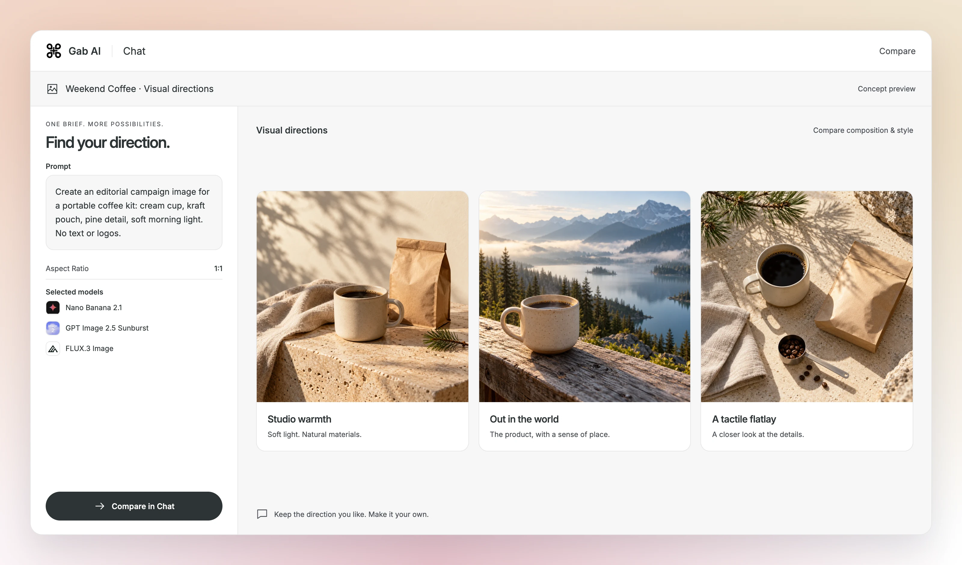 Gab AI Chat comparison scene with three selected image models and three coffee campaign concept previews. Artwork is not output from the labeled models.