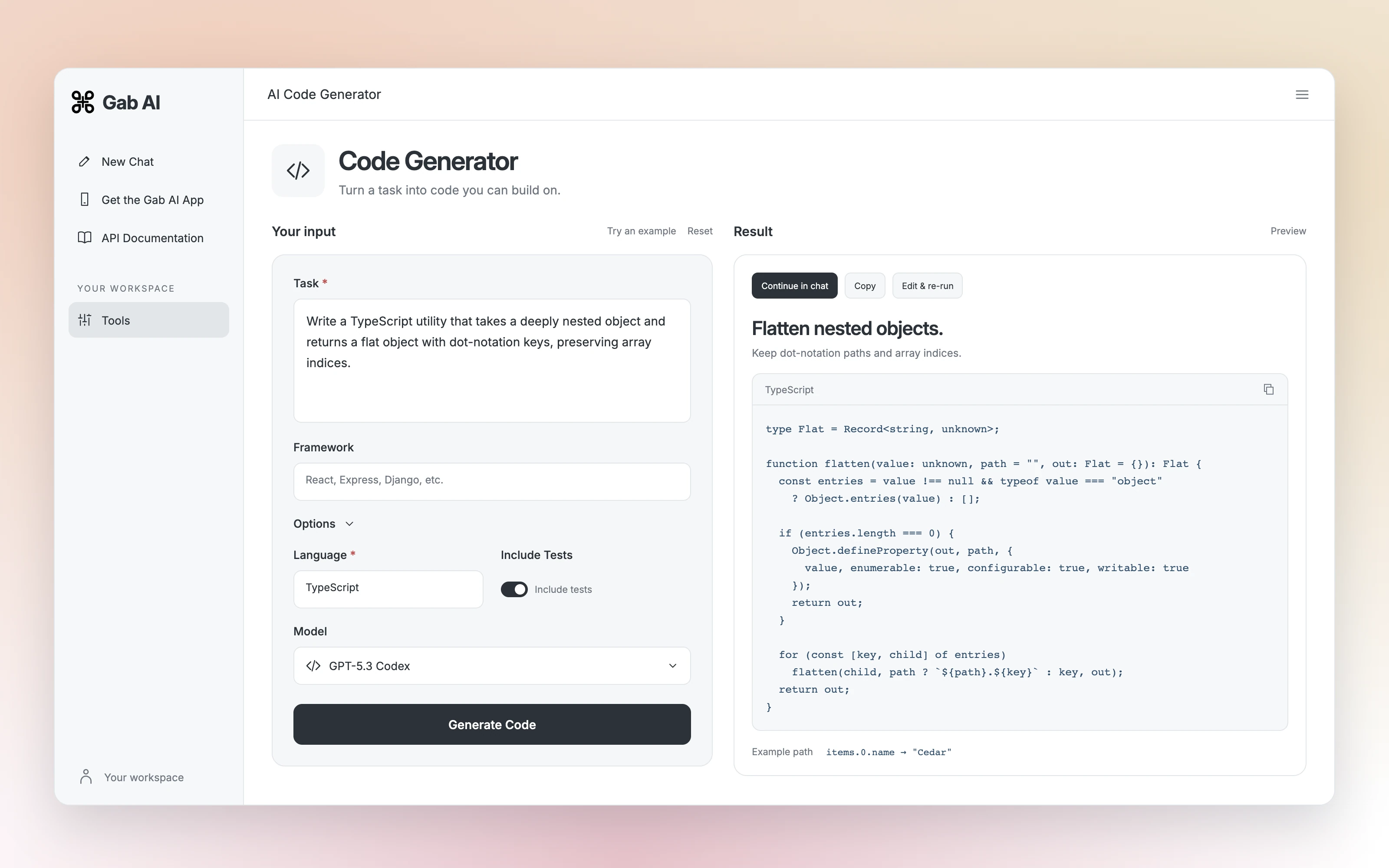 Gab AI Code Generator result preview with TypeScript code and the Copy, Edit & re-run and Continue in chat actions.