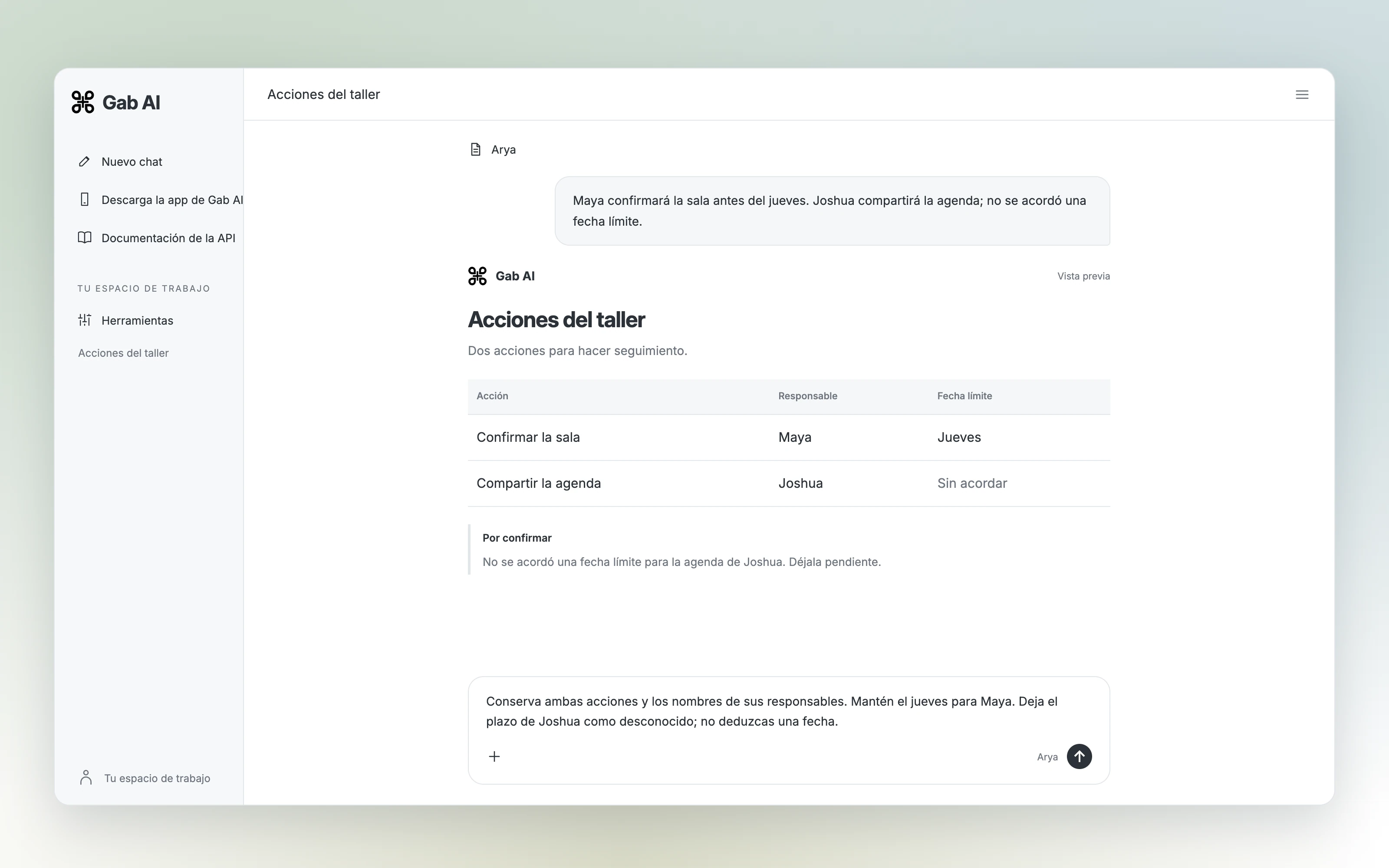 Vista de Notas de reuniones de Gab AI con las notas de origen, las acciones con sus responsables y un plazo sin resolver, o un borrador de seguimiento concreto en Chat.