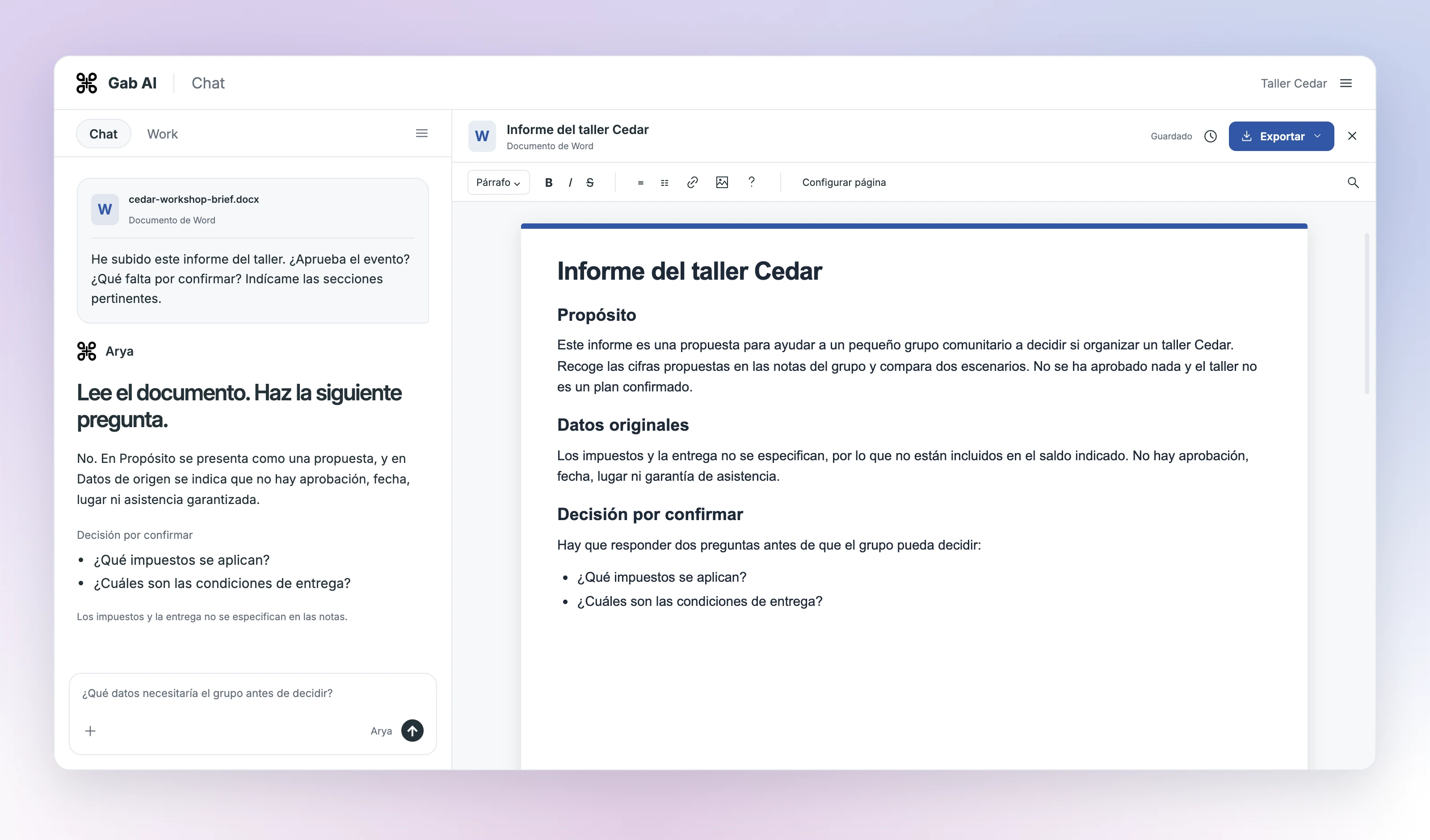 Chat de Gab AI con el archivo cedar-workshop-brief.docx adjunto junto al editor de documentos. La respuesta remite a Propósito, Datos de origen y las dos preguntas independientes sobre impuestos y entrega, y explica que el evento sigue siendo una propuesta.
