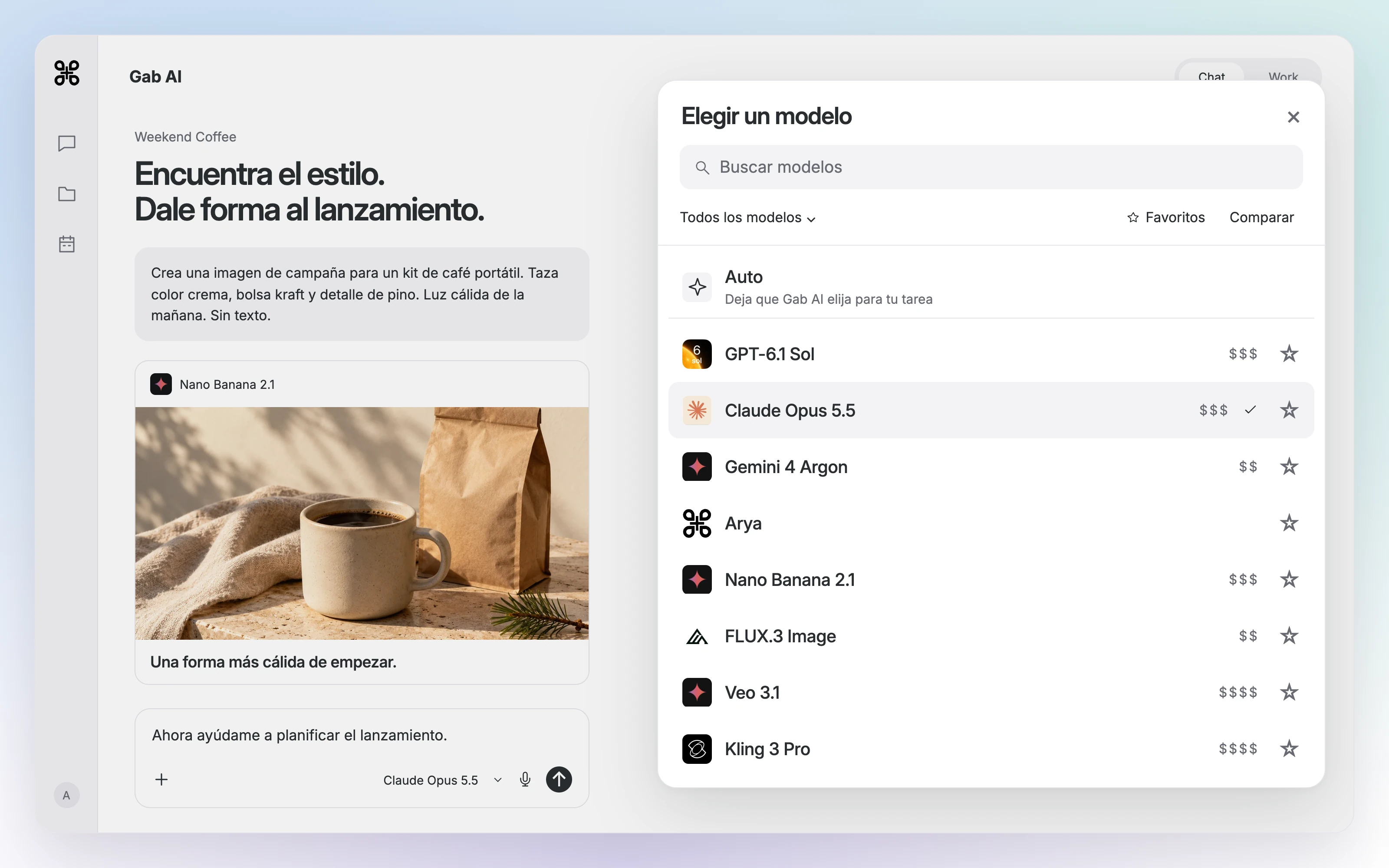 Selector de modelos de Gab AI con búsqueda, Auto, Todos los modelos, Favoritos y Compare, además de opciones de texto, imagen y vídeo. Claude Opus 5.5 está seleccionado.