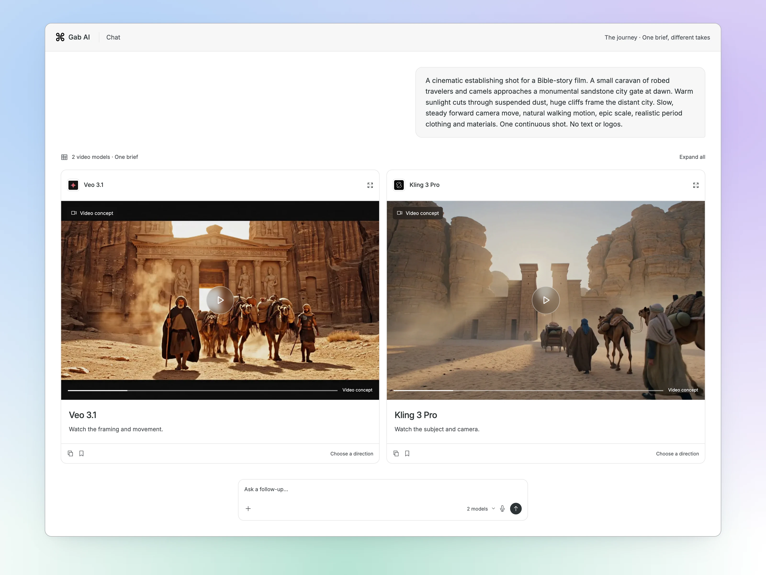 Gab AI Compare workspace preview with the same story brief and frames from actual Veo 3.1 and Kling 3 Pro video generations. The shared scene-builder composition is not a captured screenshot.
