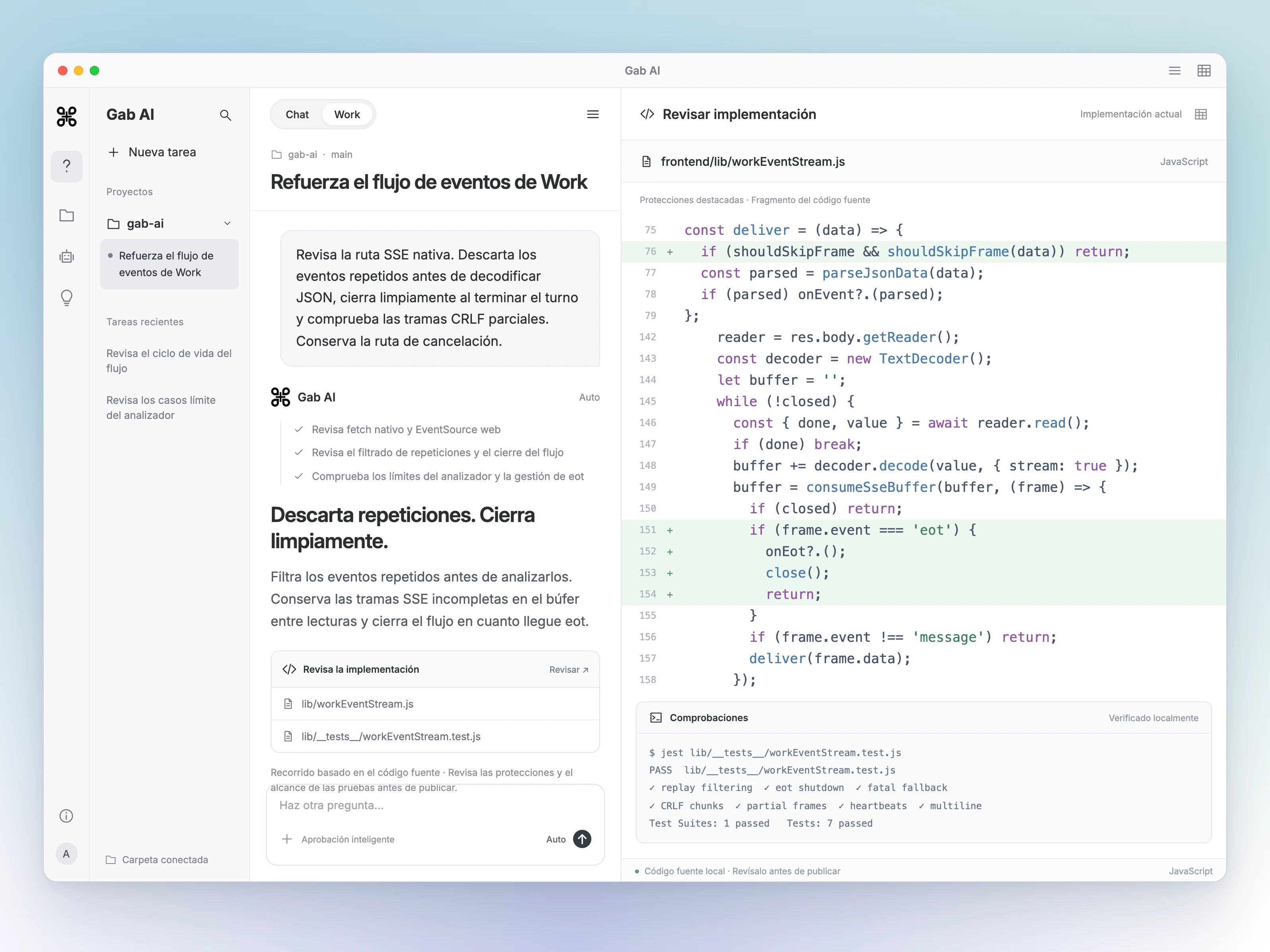 Vista de Work de Gab AI para Mac con un proyecto conectado, revisión del flujo de eventos, protecciones contra repeticiones y de cierre destacadas, y siete pruebas locales del flujo verificadas. Fragmentos reales del código fuente en una interfaz preparada; no es una ejecución grabada del agente.