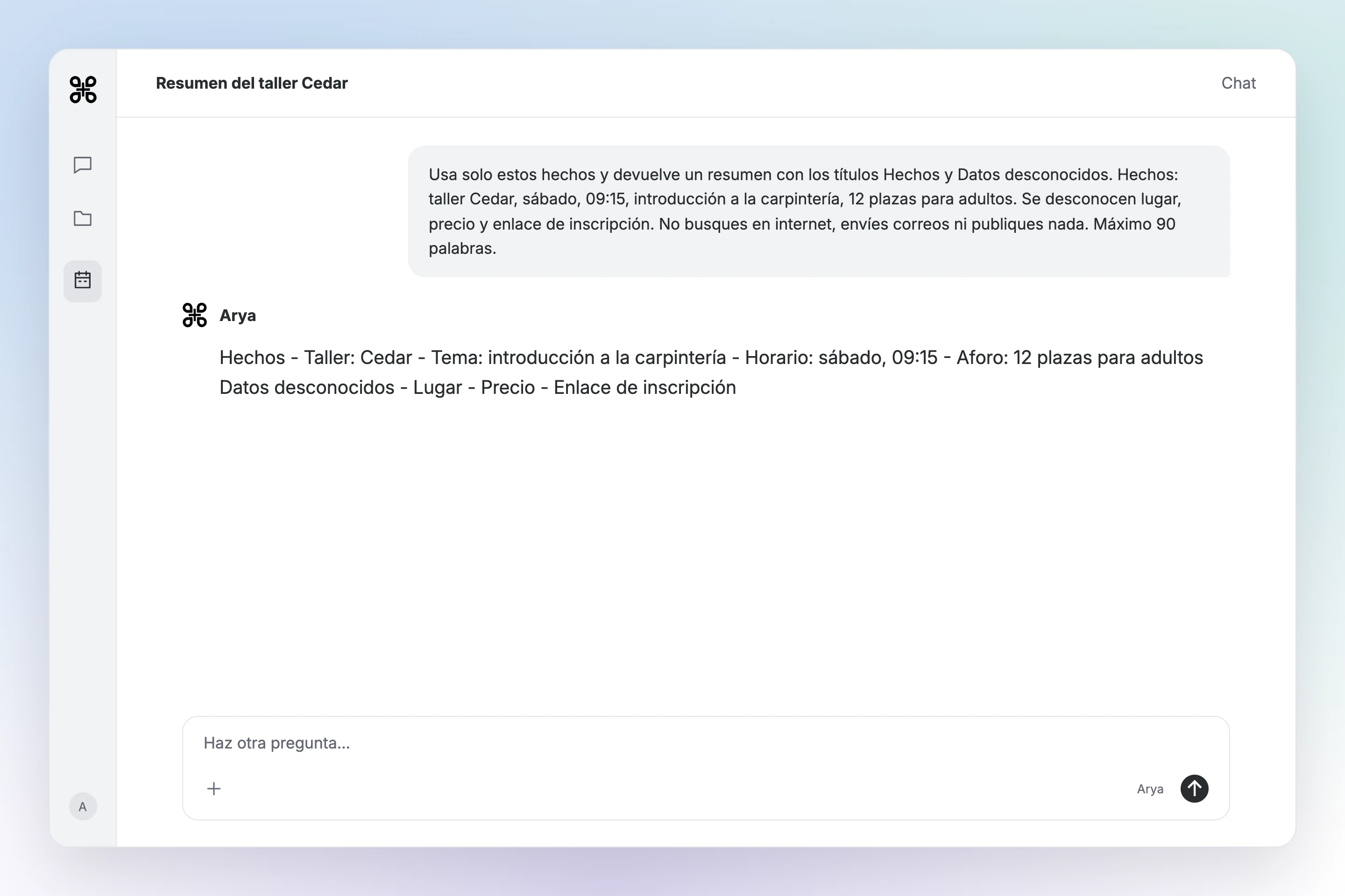 Resultado de Chat de Gab AI para el resumen programado del taller Cedar: sábado a las 09:15 y 12 plazas para adultos, con el lugar, el precio y el enlace de inscripción sin confirmar.
