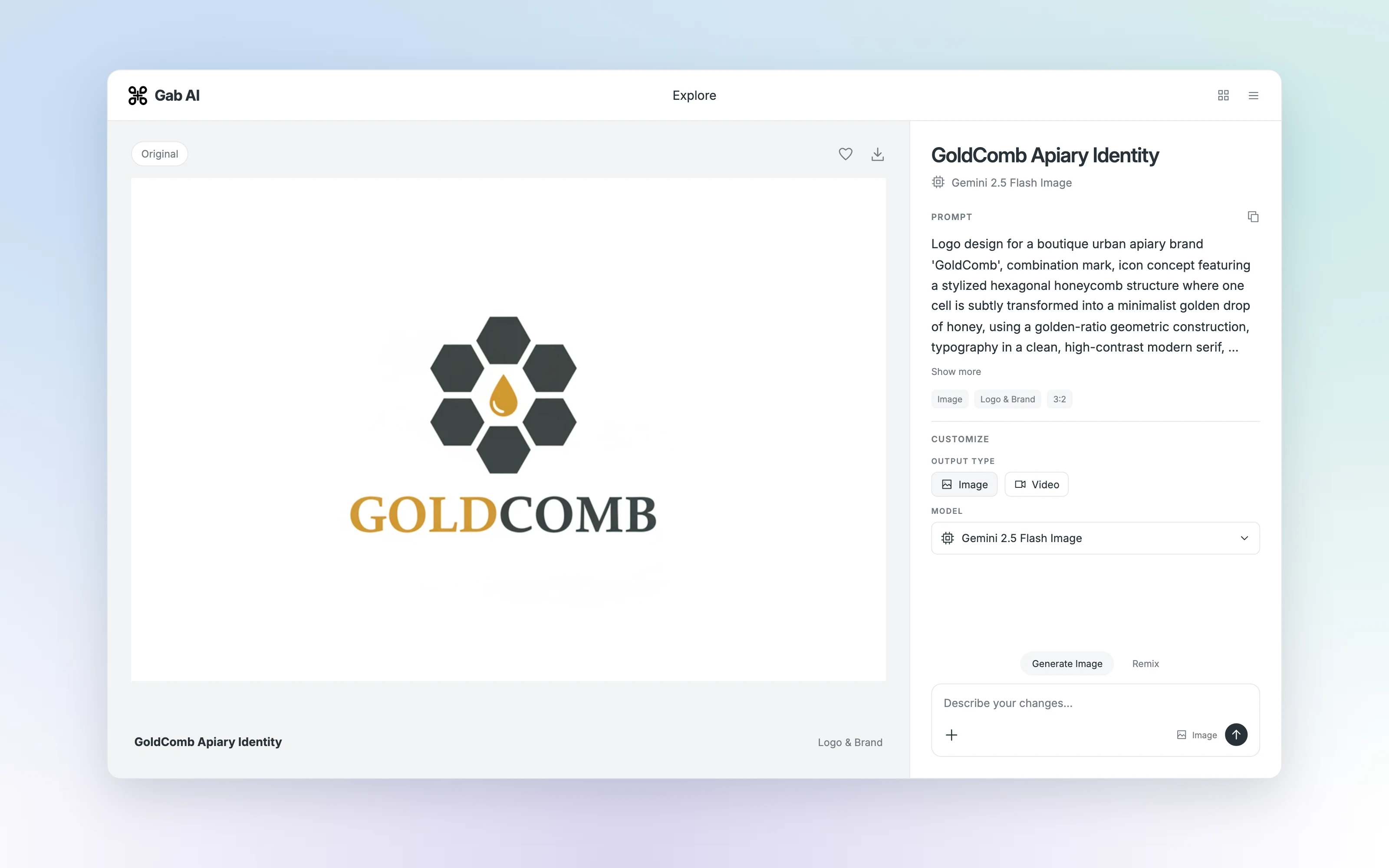 GoldComb Apiary Identity in Gab AI Explore, with its original logo artwork, prompt and model.