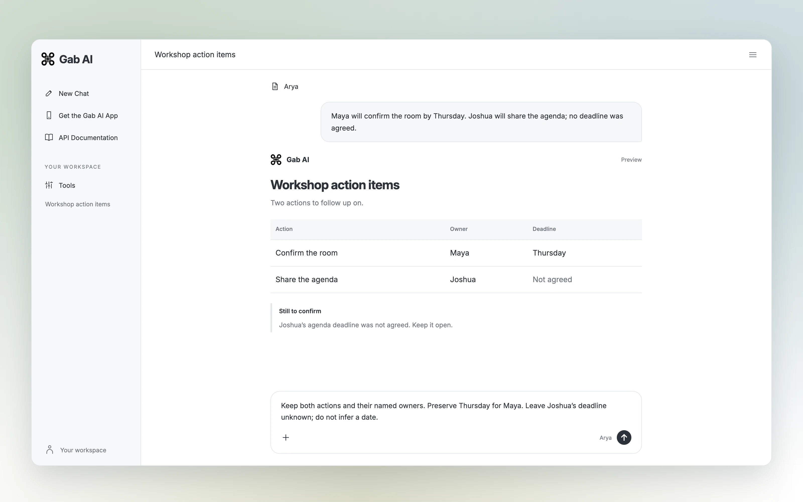 Gab AI Meeting Notes interface preview showing source notes, action items with their owners and an unresolved deadline, or a focused Chat follow-up draft.
