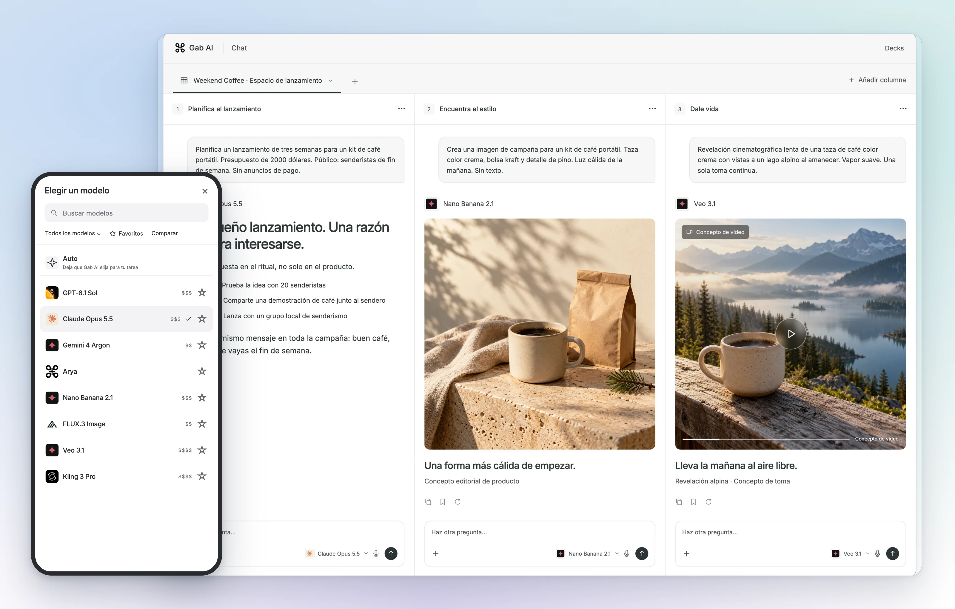 Un Deck de Gab AI en el ordenador mantiene el plan de lanzamiento y los conceptos de imagen y vídeo en conversaciones con modelos independientes, junto al selector de modelos del teléfono con búsqueda, Auto, Favoritos y Compare.