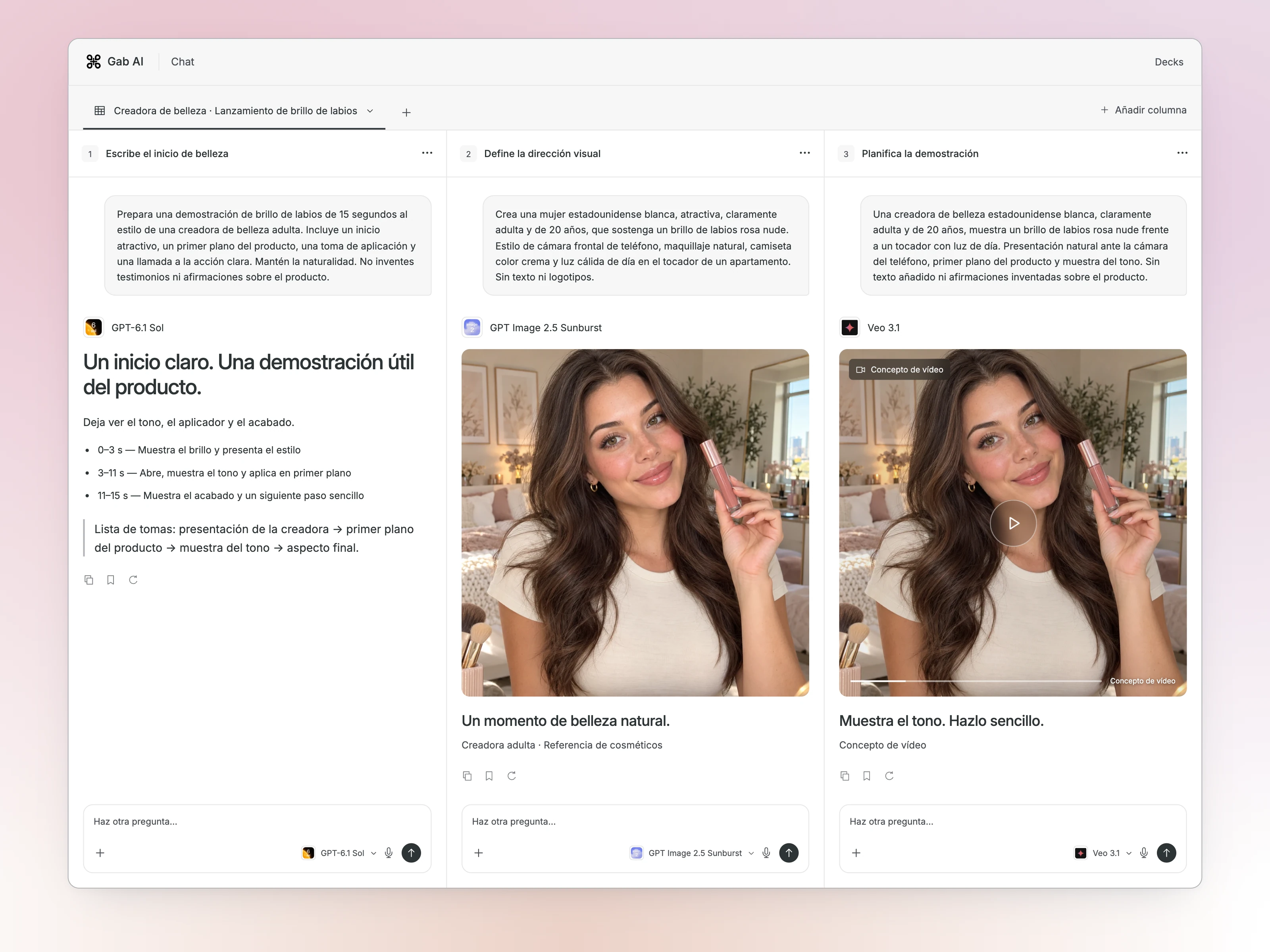 Deck de Gab AI con conversaciones separadas para el guion, las imágenes y el estilo de vídeo de una campaña de brillo de labios.