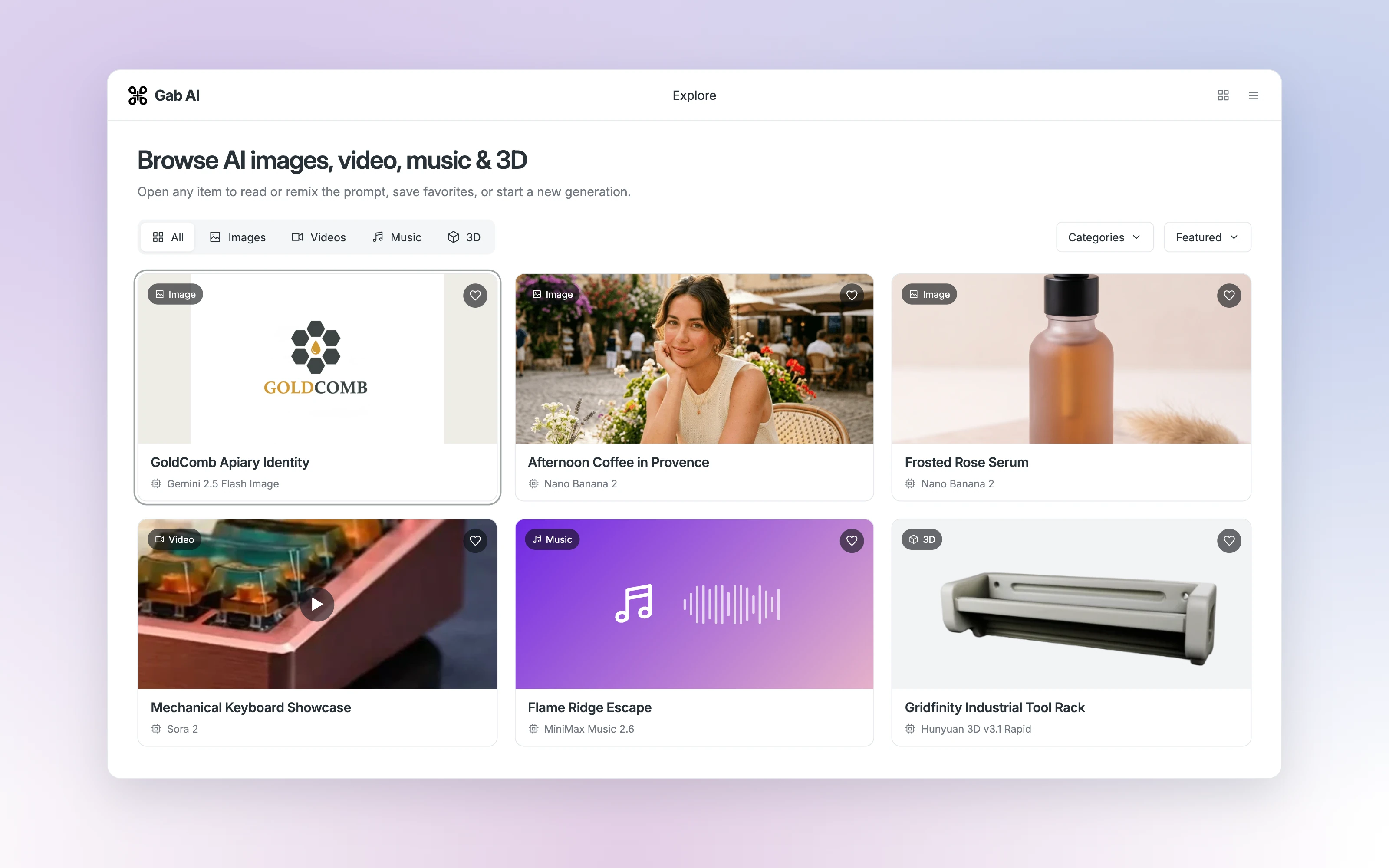 Gab AI Explore gallery with a brand logo, a woman at a café, product photography, video, music and 3D previews.