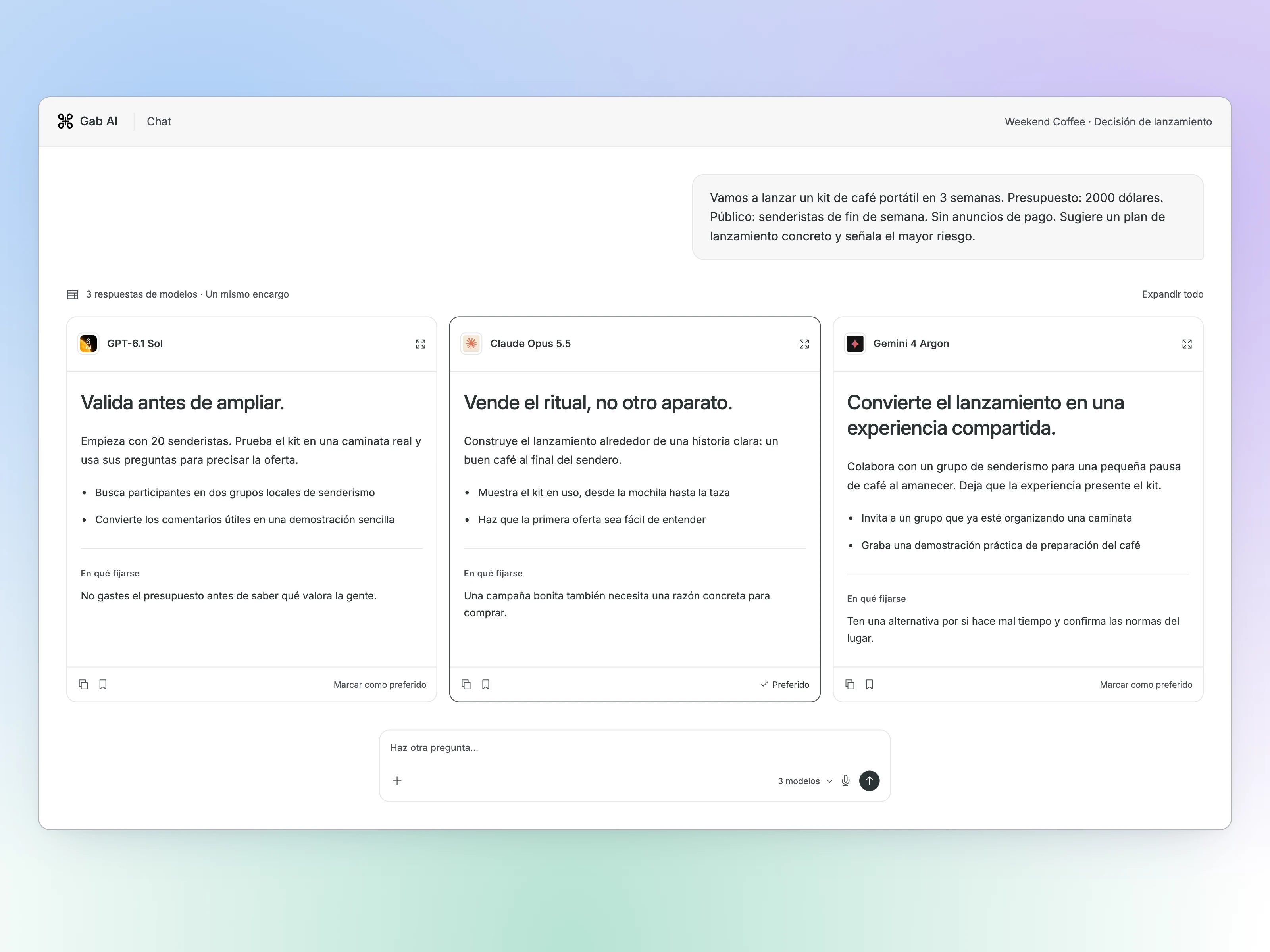 Comparación en Chat de Gab AI: un encargo de lanzamiento de un kit de café con tres respuestas de ejemplo atribuidas a GPT-6.1 Sol, Claude Opus 5.5 y Gemini 4 Argon. Una está marcada como preferida. Son ejemplos preparados, no respuestas obtenidas de una ejecución de los modelos.