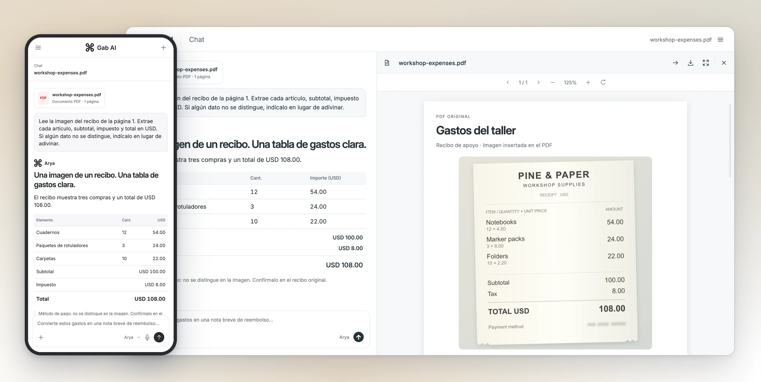 Un PDF con la imagen de un recibo abierto en el ordenador, junto a Chat en el teléfono, que extrae los conceptos del recibo: 100 USD de subtotal, 8 USD de impuestos y 108 USD de total.