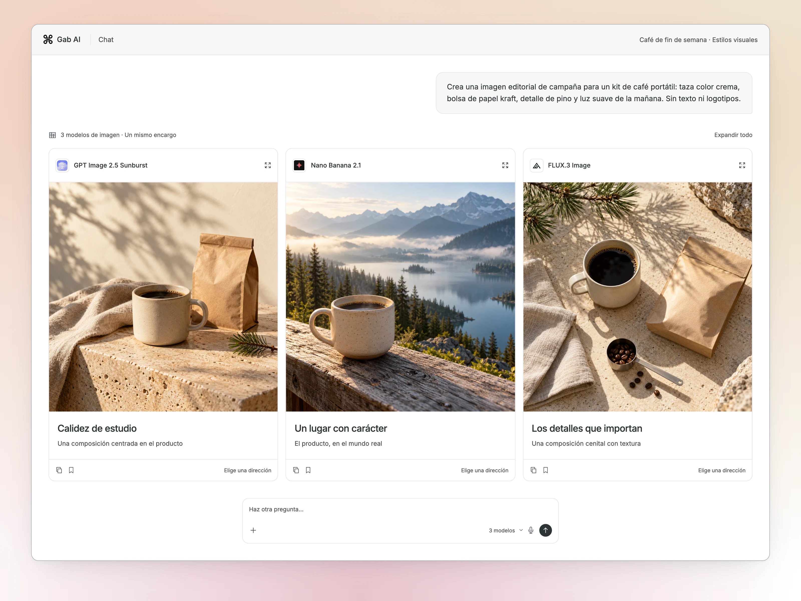 Compare de Gab AI presenta tres conceptos de campaña de café: una composición cálida de estudio, un entorno de montaña y una disposición cenital con texturas.