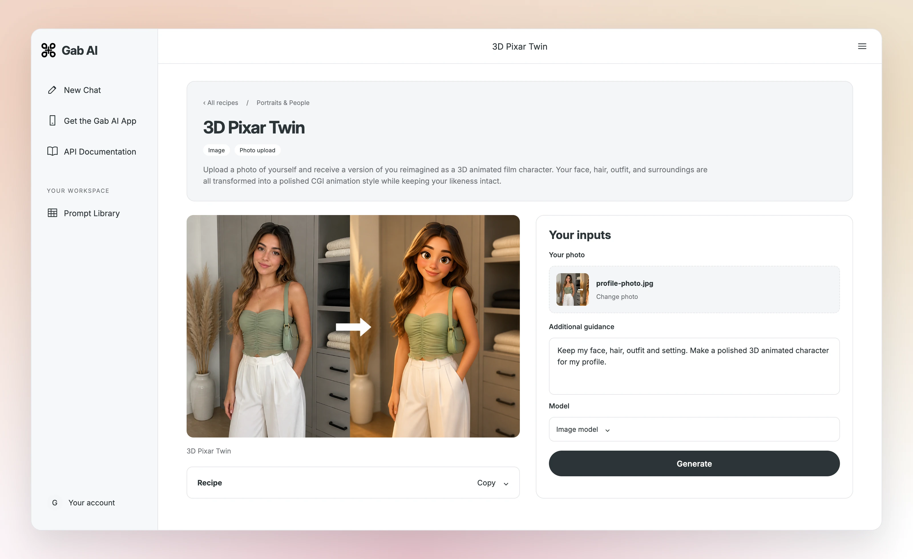 Gab AI Prompt Library inputs view featuring selected retained recipes. Catalog preview artwork is reused; this is not a new generation.