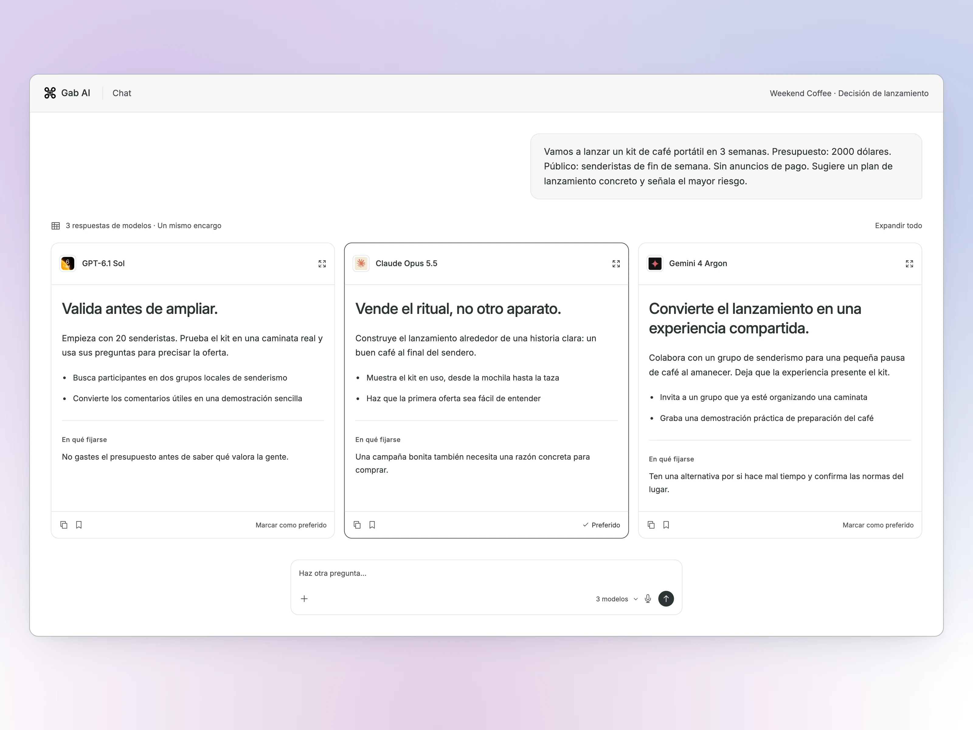 Compare de Gab AI con un encargo de lanzamiento de un kit de café y tres enfoques en paralelo de GPT, Claude y Gemini.
