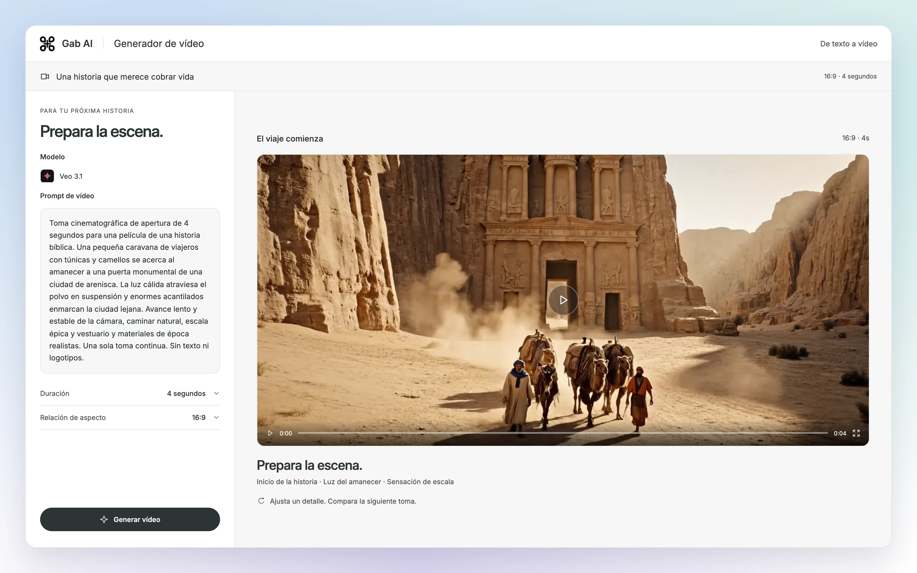 Escena del Generador de vídeo de Gab AI con el prompt original y un fotograma del vídeo generado El viaje comienza.