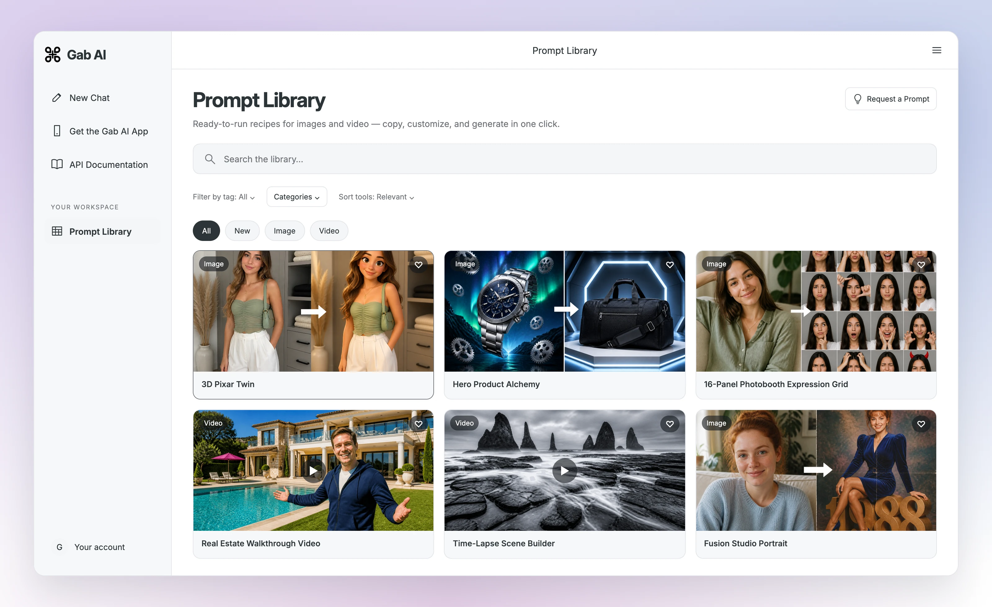 Gab AI Prompt Library browse view featuring selected retained recipes. Catalog preview artwork is reused; this is not a new generation.