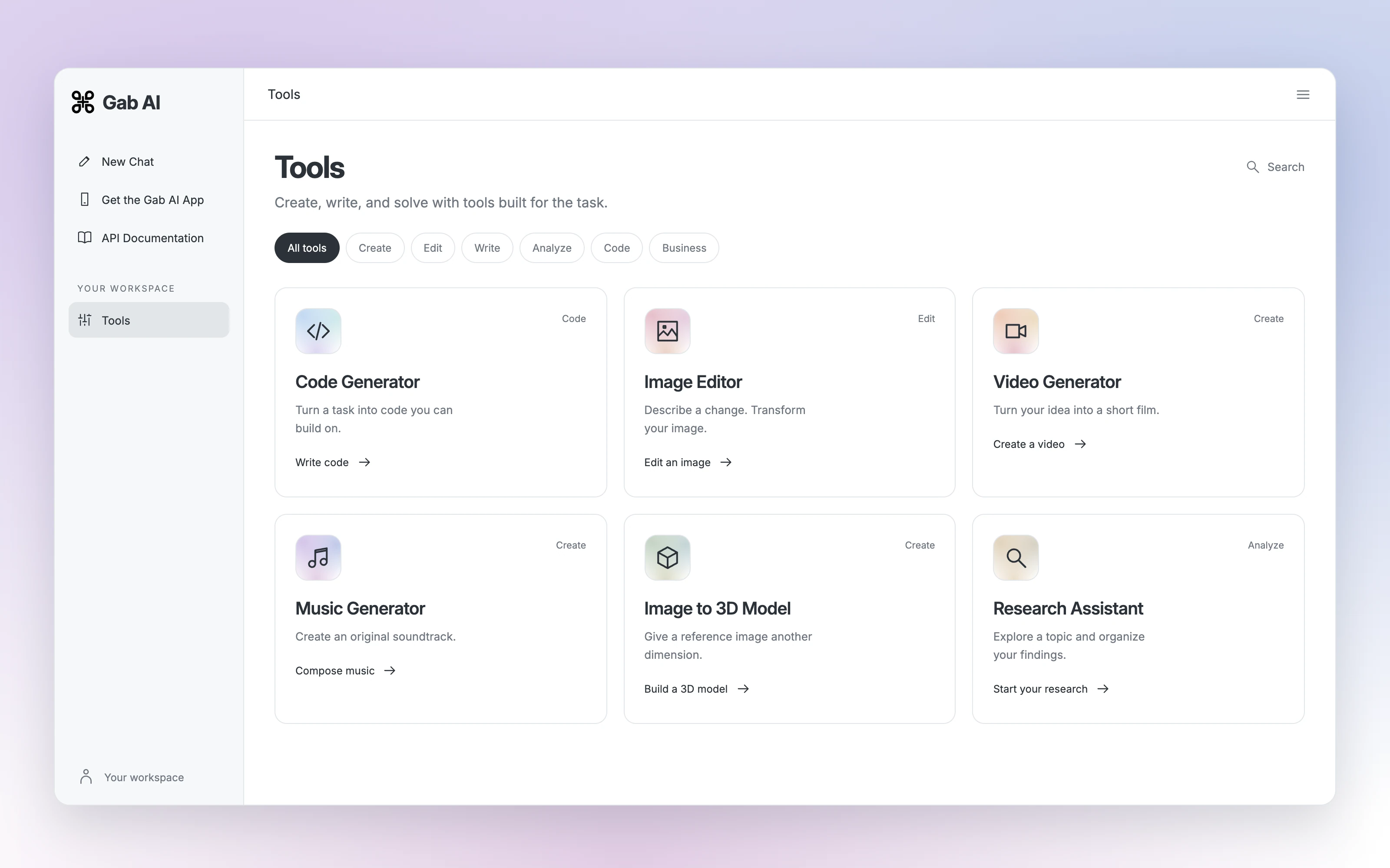 Gab AI Tools library interface preview with Code Generator, Image Editor, Video Generator, Music Generator, Image to 3D Model and Research Assistant.