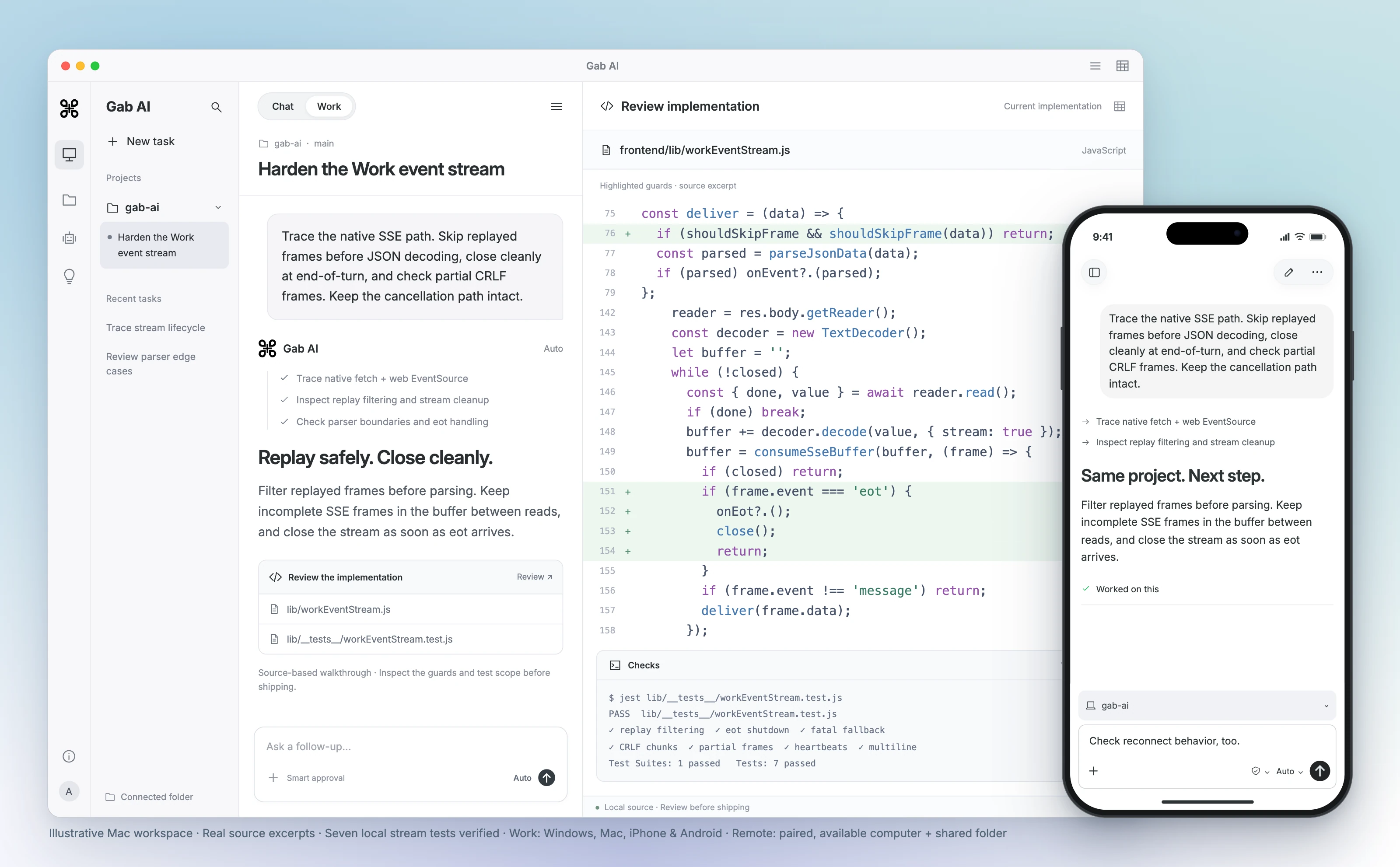 Gab AI Work on Mac with an event-stream code review and a paired iPhone conversation for the same project.
