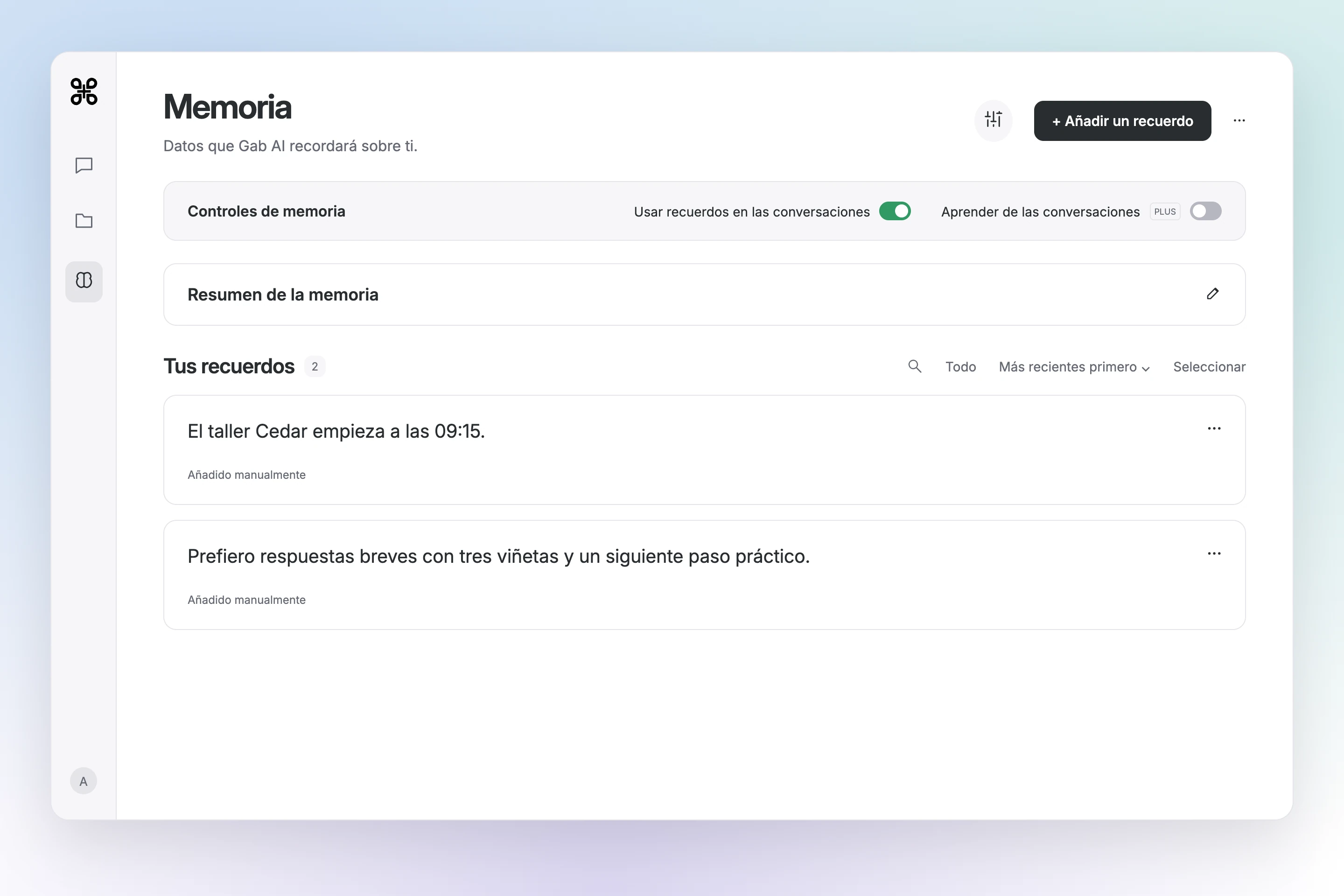 Memoria de Gab AI muestra dos entradas guardadas, incluida la hora de inicio del taller Cedar a las 09:15.