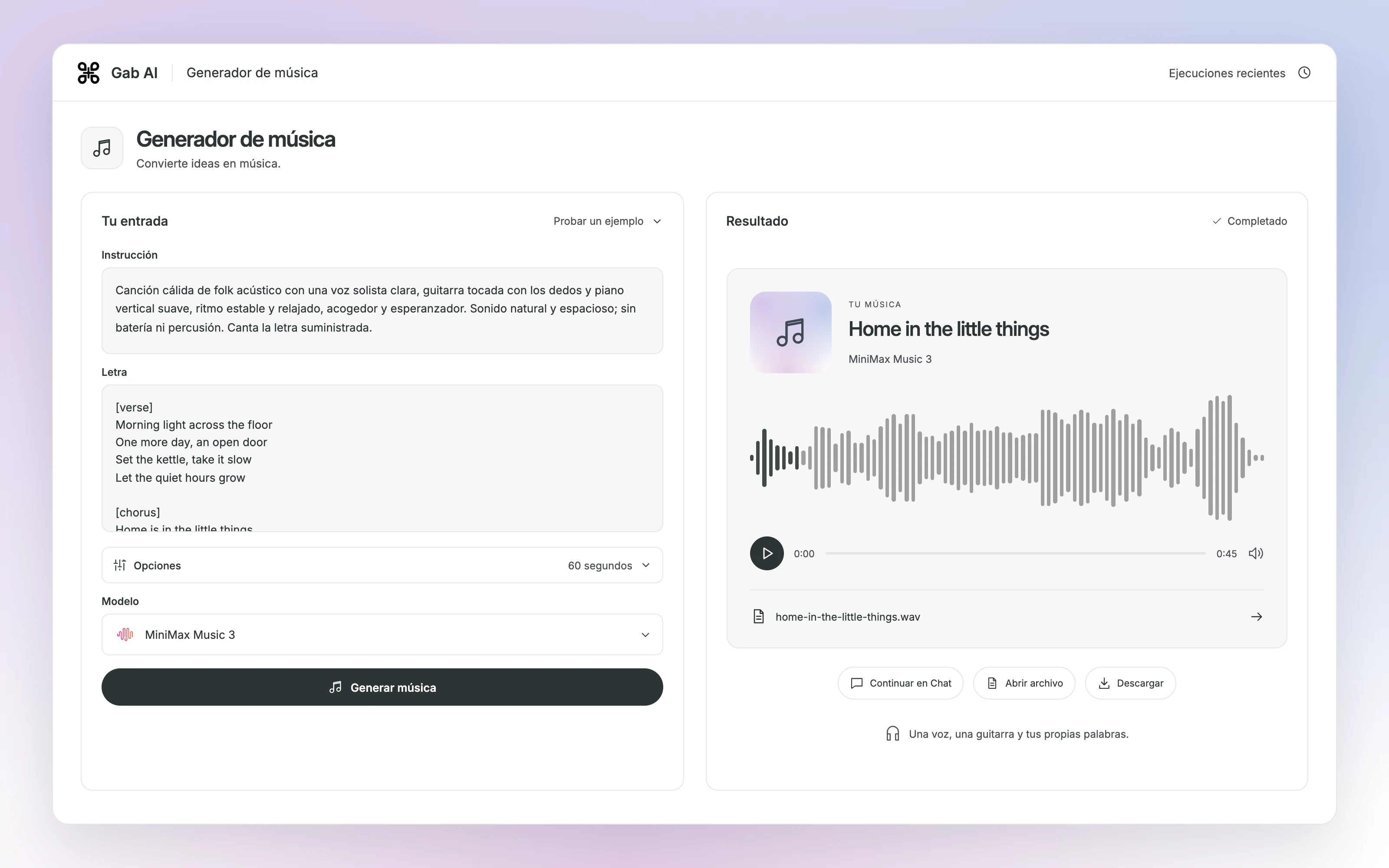 Generador de música de Gab AI con campos independientes de Prompt y Letra, modelo, opciones y un resultado de audio terminado.