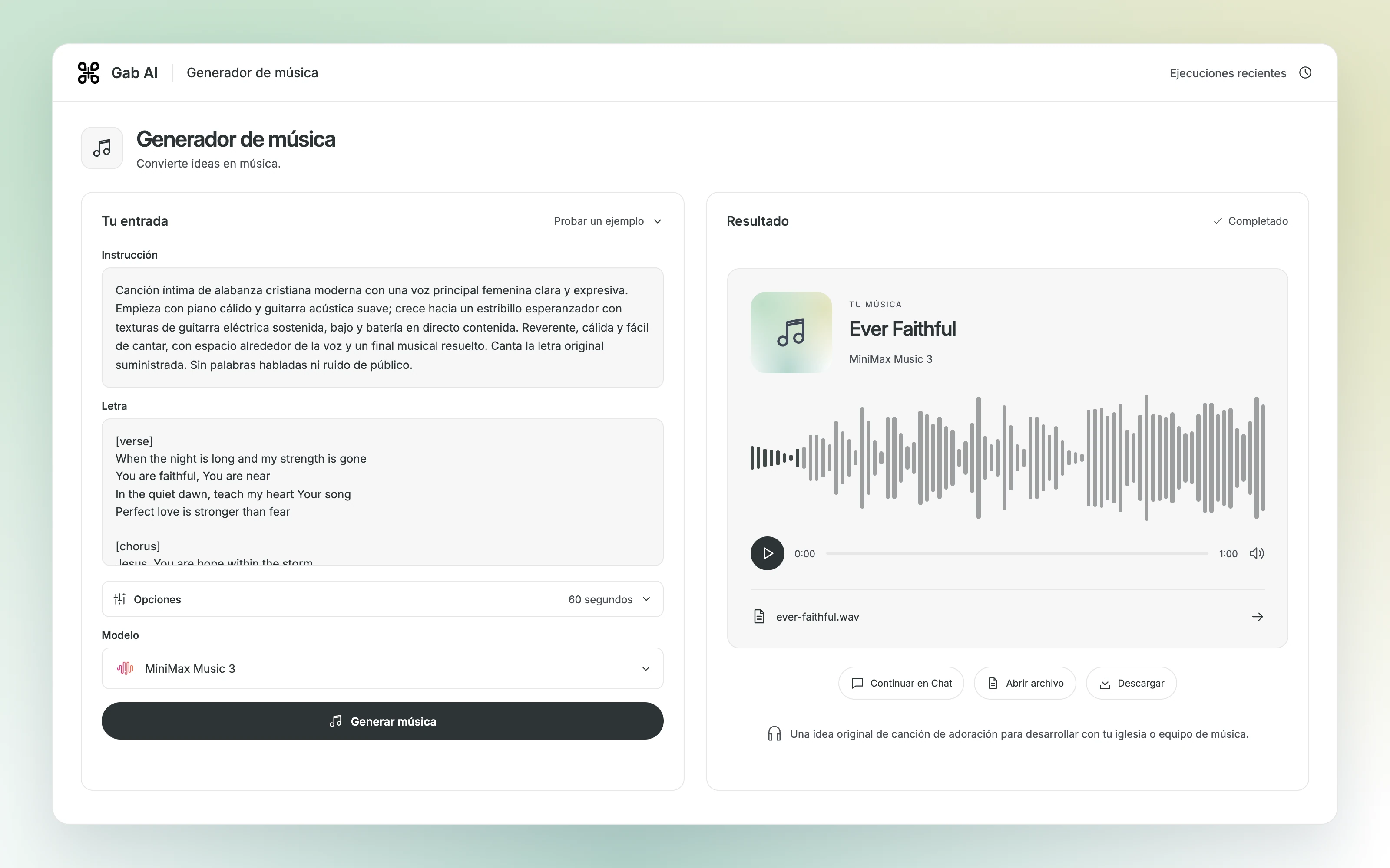 Generador de música de Gab AI con el encargo de sonido de adoración, la letra original y un resultado de audio terminado de MiniMax Music 3.