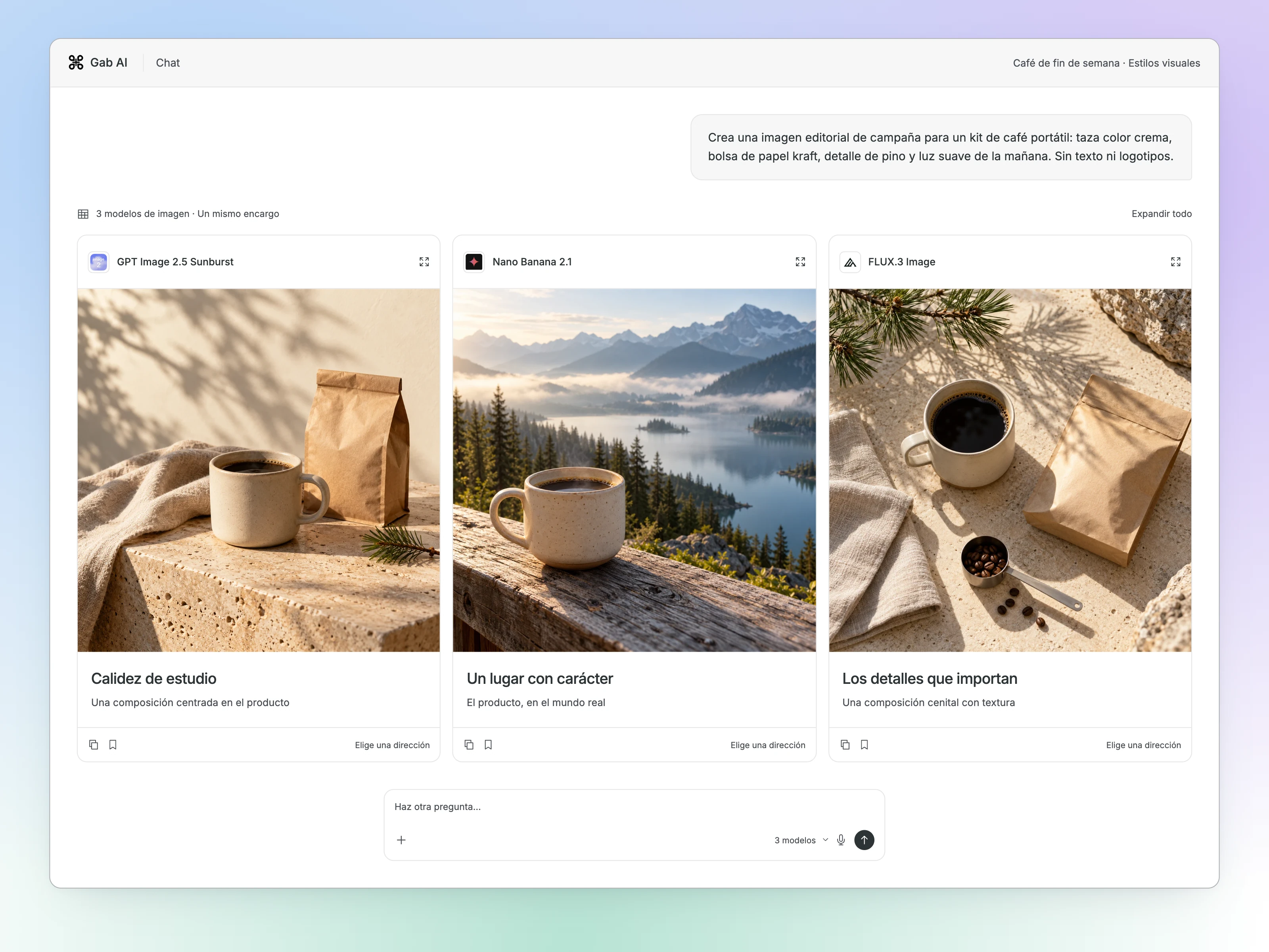 Concepto de Comparar en Chat de Gab AI: unas instrucciones de imagen encima de tres respuestas visuales identificadas por modelo y un único cuadro de mensaje debajo.
