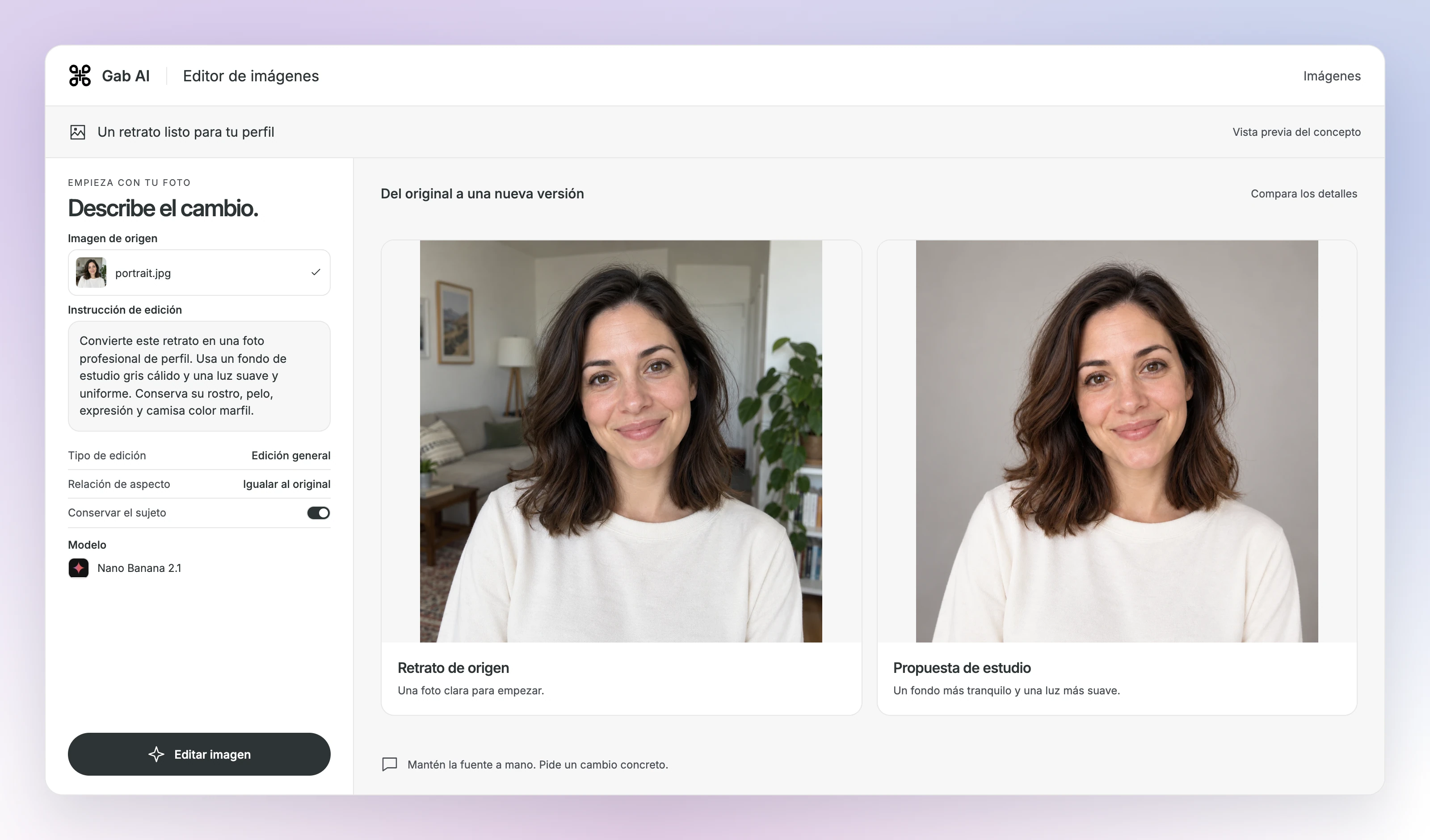 Escena del editor de imágenes con un retrato original, instrucciones de edición, edición general y conservación del sujeto. El original y el retrato editado se crearon con la herramienta de generación de imágenes, no mediante una ejecución en la aplicación de Gab.