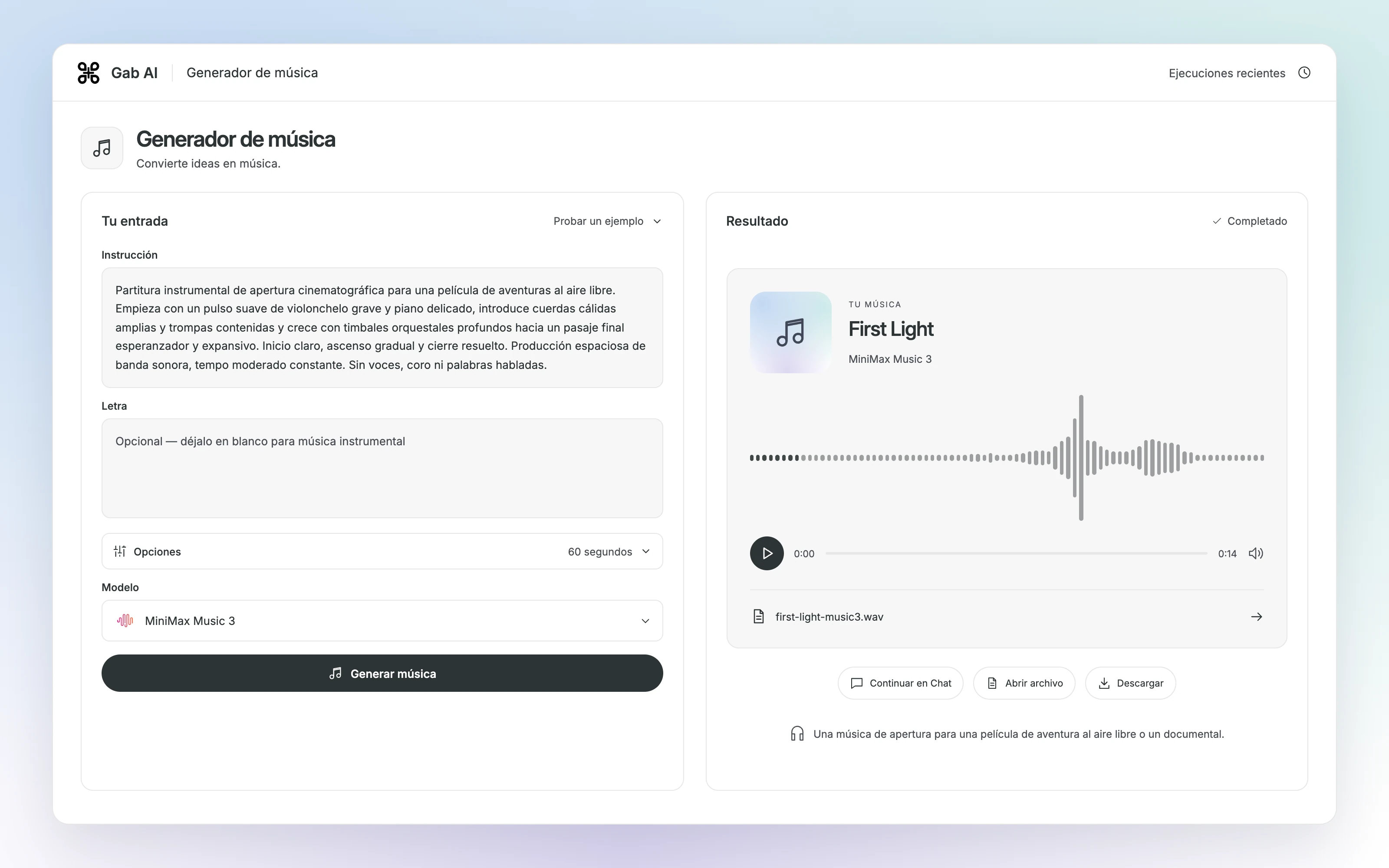 Generador de música de Gab AI con el encargo sonoro cinematográfico y un resultado de audio terminado de MiniMax Music 3.